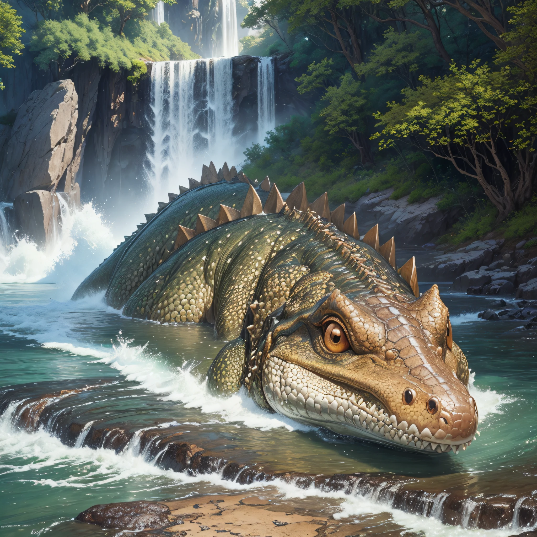 Landscape (very detailed CG unity 8k wallpaper), the most beautiful artwork in the world, professional majestic oil painting, high detail, sharp focus, dramatic, realistic painting art, crocodile, magnificent landscape --auto --s2