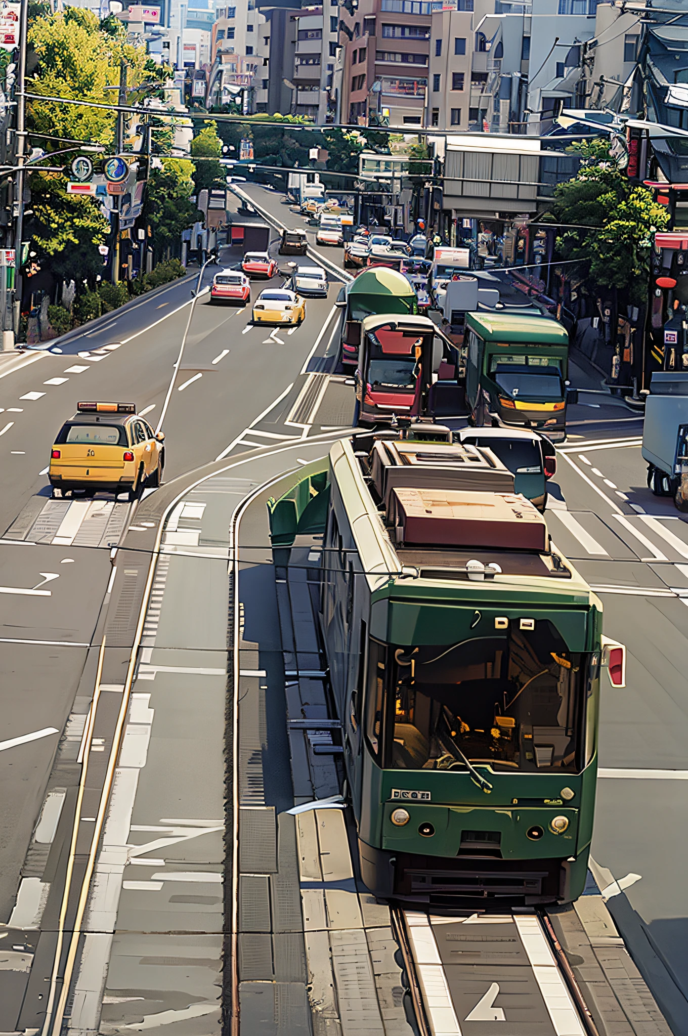 arafly moving train on tracks in a city street with cars, tokyo street cityscape, in the streets of tokyo, in tokio, japanese downtown, in a tokyo street, tokyo street background, tokyo street, japanese street, set in tokyo bank parking lot, japan shonan enoshima, street tram, toyko, 4 0 9 6, busy street, japanese city
