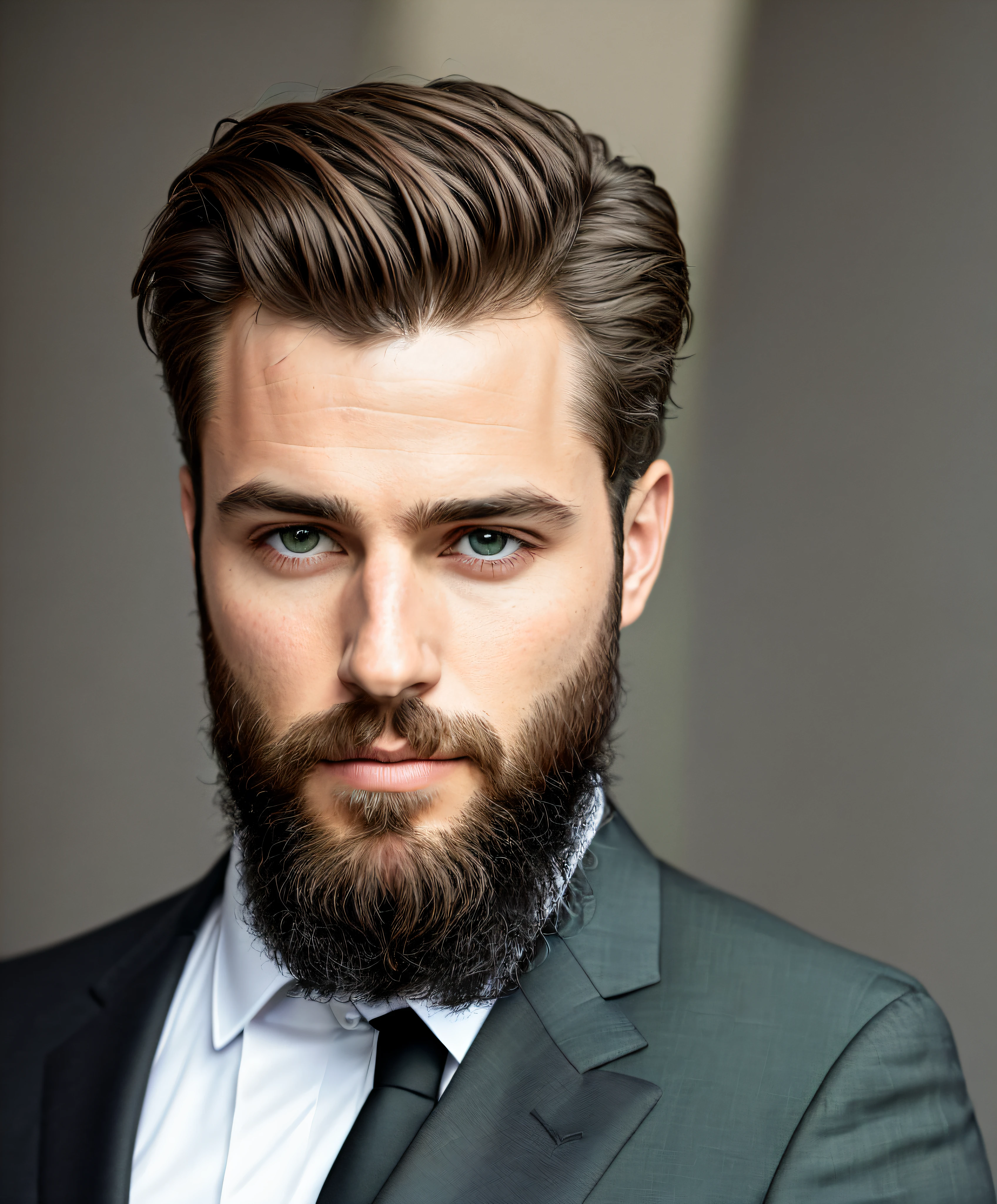 man in suit, discreet, full face, no cuts on face, wearing black business suit, slightly green eyes with beard, well-groomed model, showing face, professional profile picture, office clothes, high-res, masterpiece, best quality, intricate details, highly detailed, sharp focus, texture, detailed eyes, professional, 4k