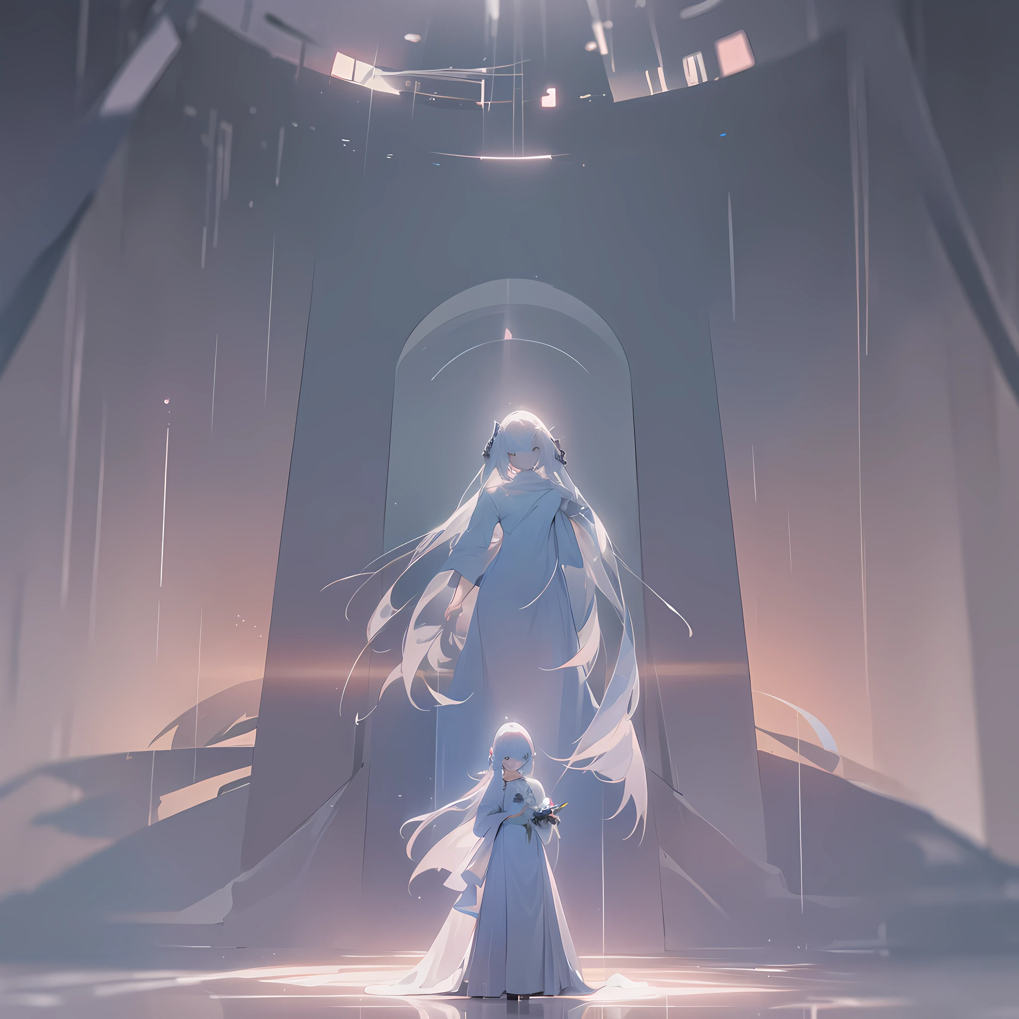 She stood in a white space, surrounded by an empty space, only a soft light. She wore a long white dress with her hair draped over her shoulders. She looked at a transparent screen opposite with the silhouette of a human figure, which was her system.