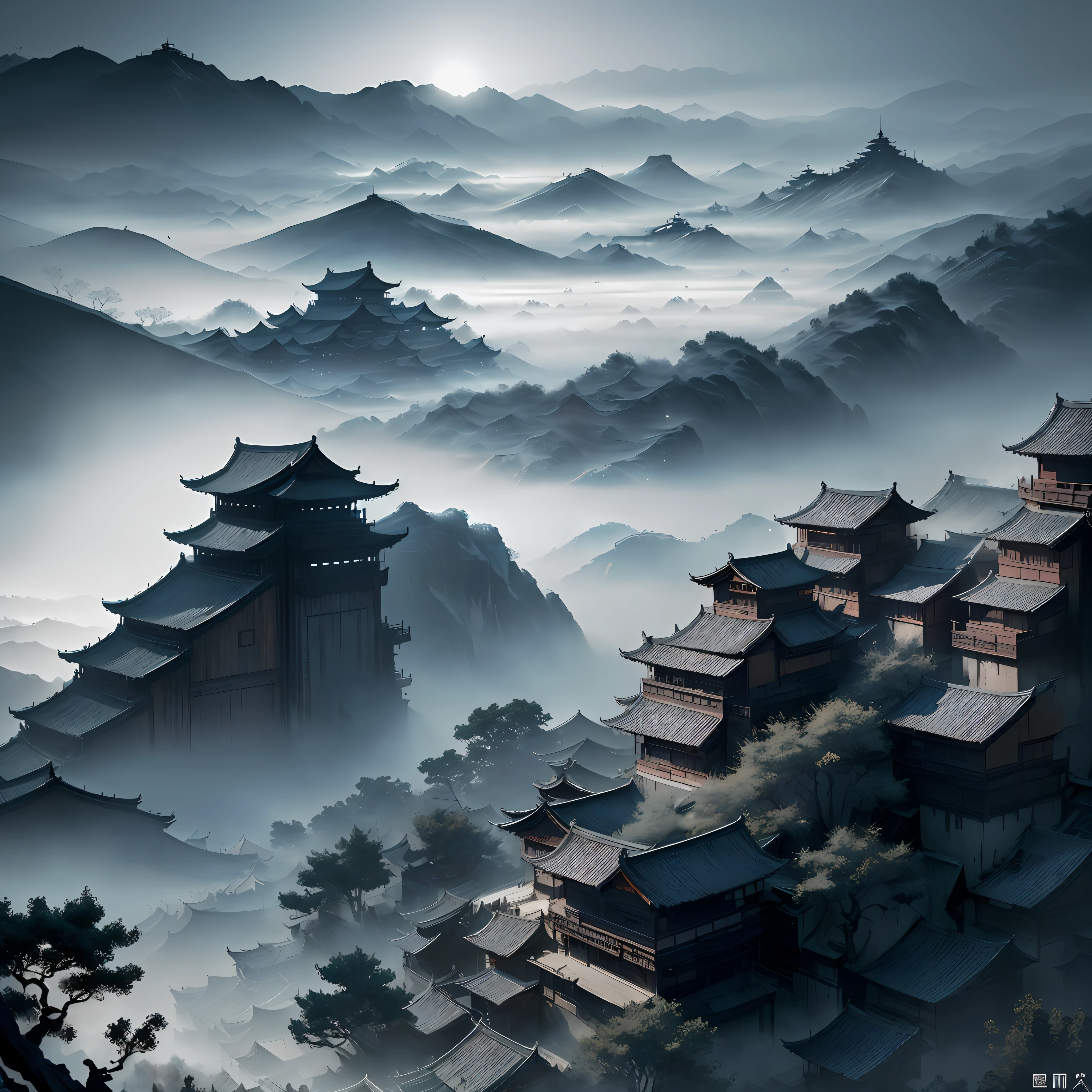 Chinese loft landscape, ink painting, color dull, cool tone, martial arts movie story style, highly detailed, dynamic, epic, realistic lighting and shadows, inspired by Jin Yong, vibrant, 8k, Octane rendering, Unreal Engine, very detailed , Realistic, Cry Engine, Masterpiece, Best Quality --v 6