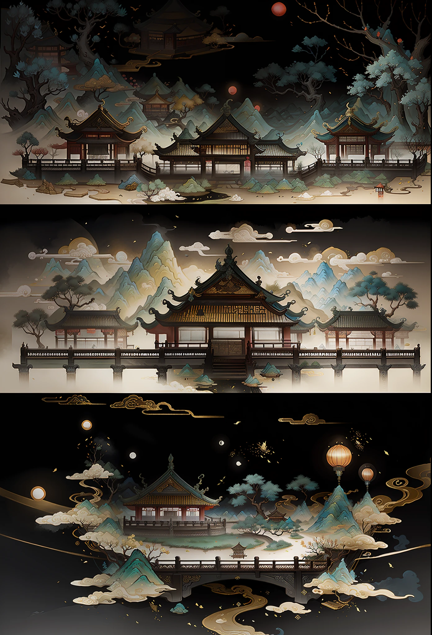 ancient chinese painting, ancient chinese background, mountains, rivers, trees, auspicious clouds, pavilions, small bridges, cyan on background, masterpiece, super detail, epic composition, ultra hd, high quality, extremely detailed, official art, unified 8k wallpaper, super detail, 32k -- v 6