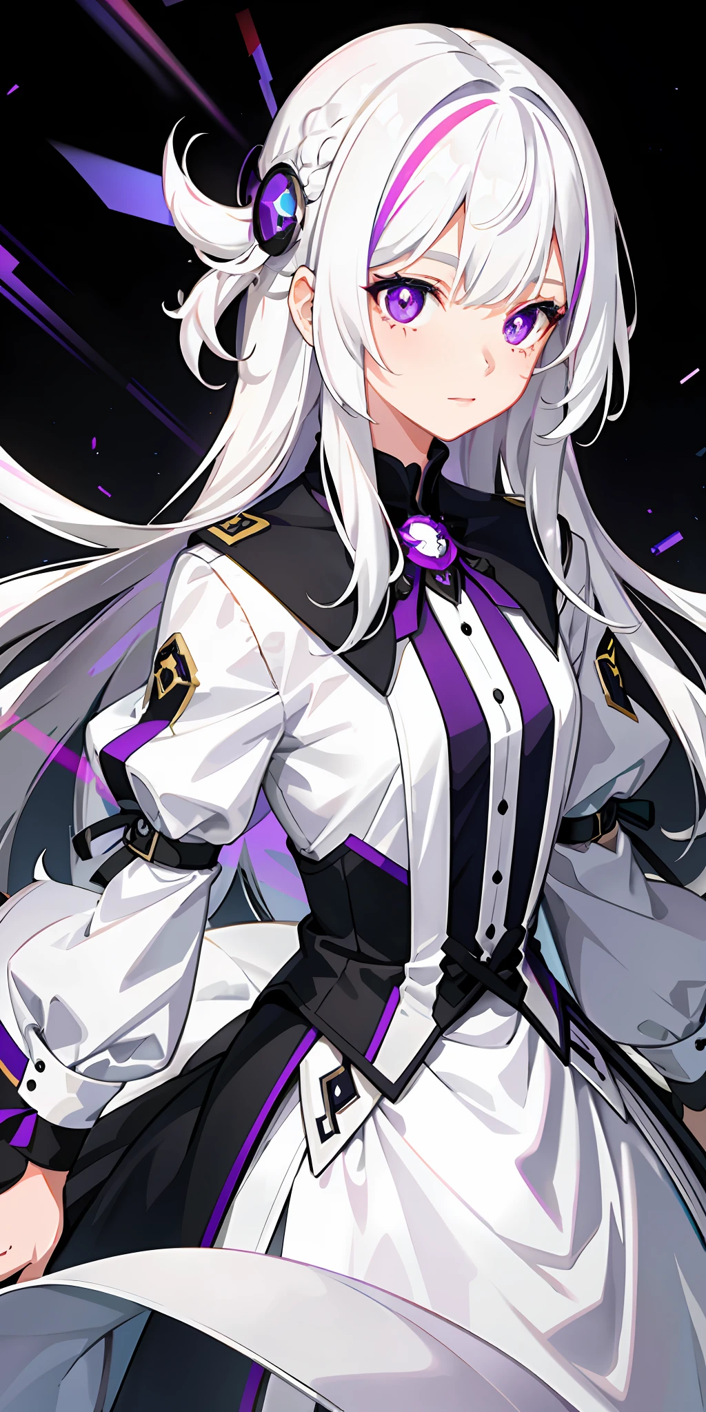 1girl, white hair, multicolored hair, purple eyes, mask on head, sidelighting, light particles, wallpaper,