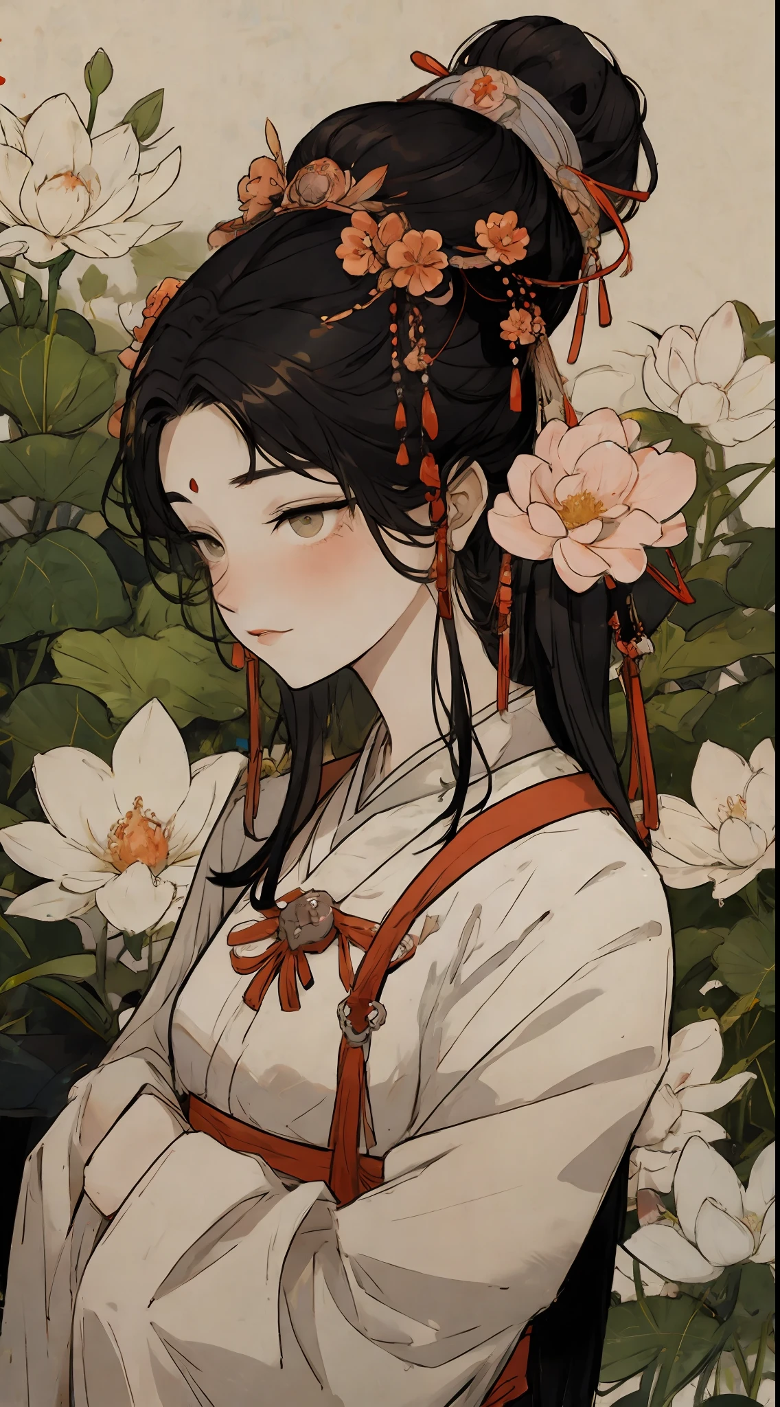 a girl, ancient chinese clothing, full body, sunlight, clear face, clean white background flowers, masterpiece, super detail, epic composition, ultra hd, high quality, extremely detailed, official art, uniform 8k wallpaper, super detail, 32k