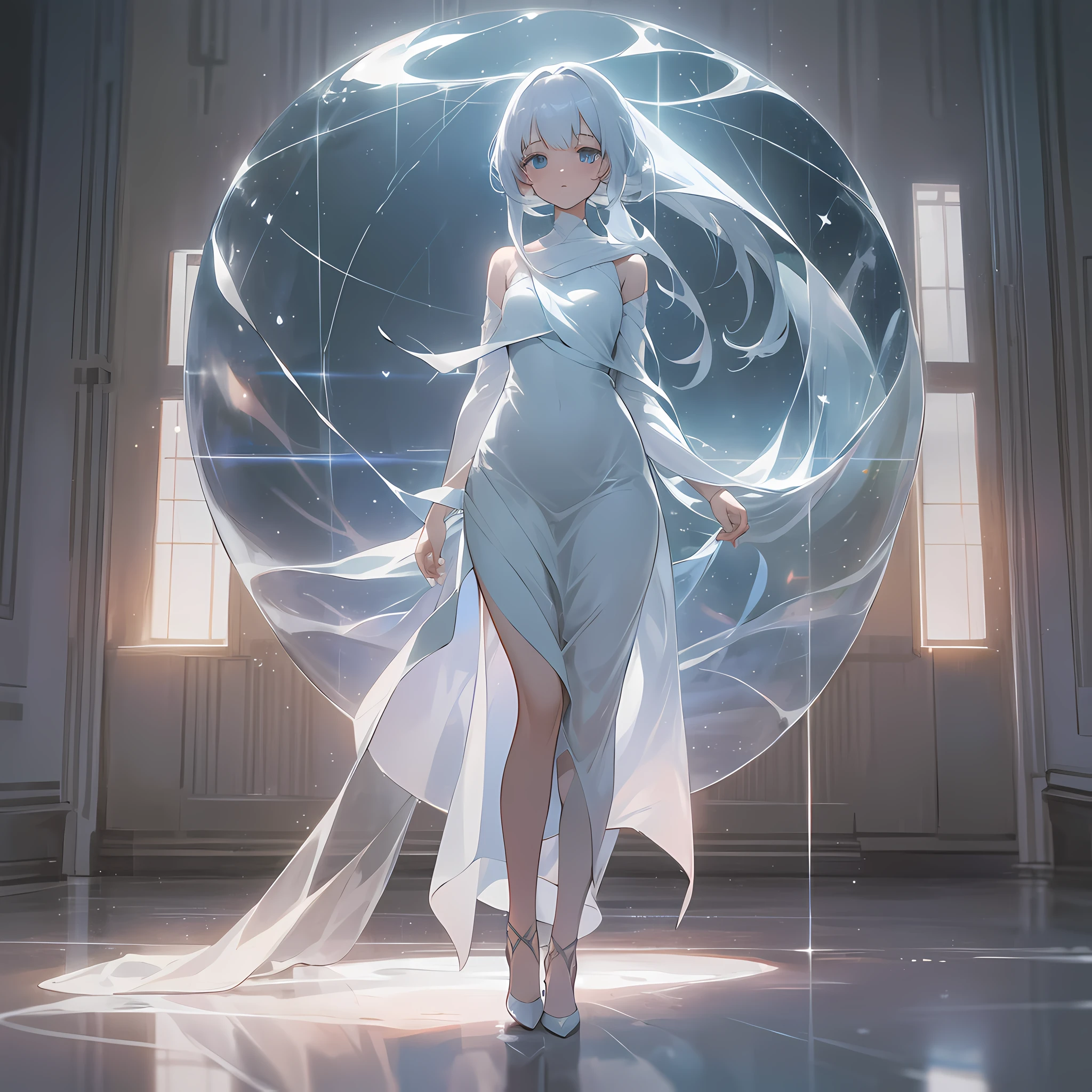 She stood in a white space, surrounded by an empty space, only a soft light. She wore a long white dress with her hair draped over her shoulders. She looked at a transparent screen opposite with the silhouette of a human figure, which was her system.