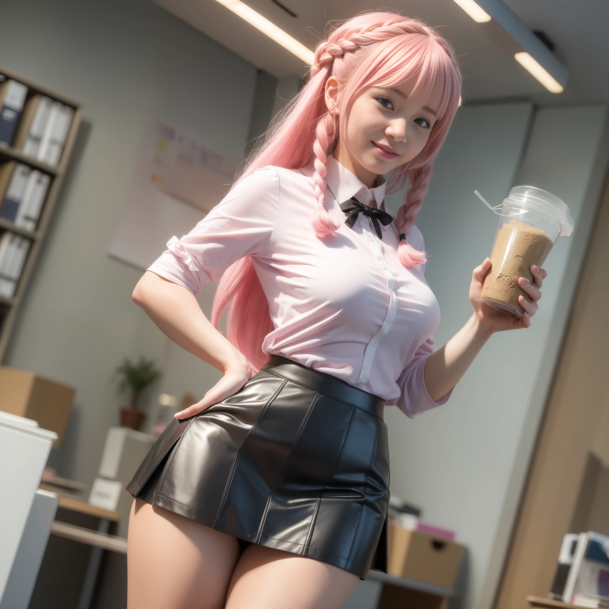 ((masterpiece, best quality)), (1girl),((mature female)), lightpink hair, halo, braided hair, ((office lady )), holding big seed bag package, short black skirt, glow skirt, thick ass, massive, bangs,small breastss, slim, smile, [wide hips],office,standing, aru \(blue archive\),