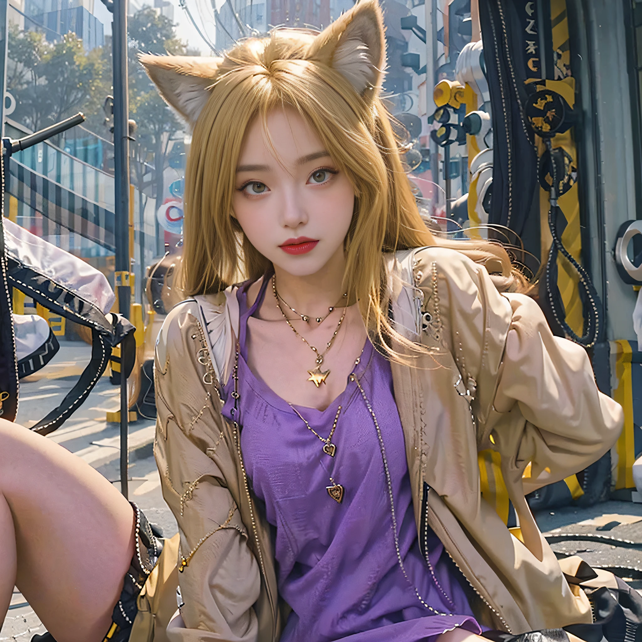 Wolf girl, blonde hair, wolf tail, wolf ears, necklace, anklet, tattoo, young, trench coat, golden eyes, fangs, bracelet, park