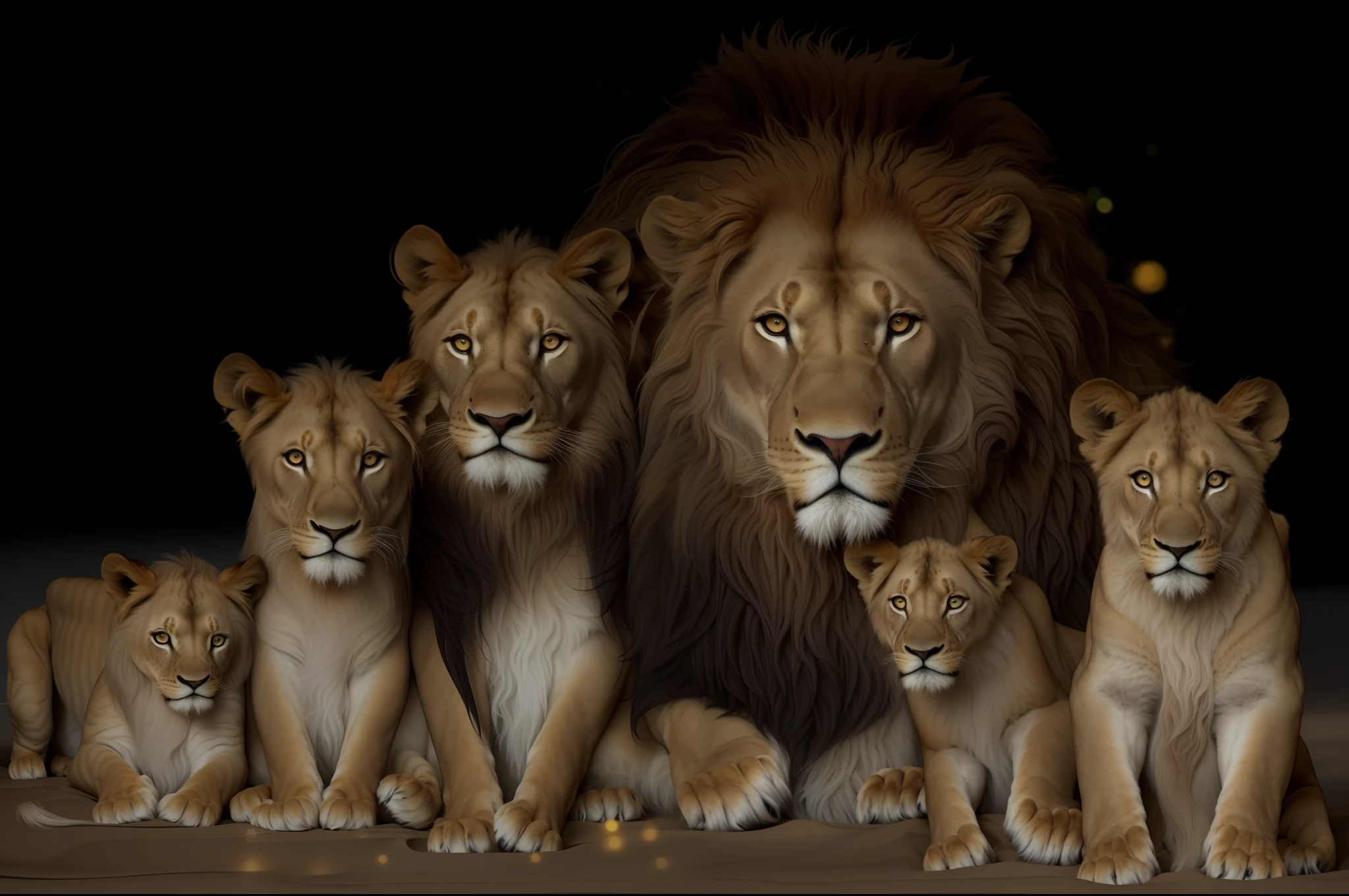 High-contrast photography with studio lighting, harsh shadows, of a realistic family of lions posing for the photo. (((Realistic hairs))), observant eye, intricate details, ((black background))) sand floor. Realistic details, UHD,