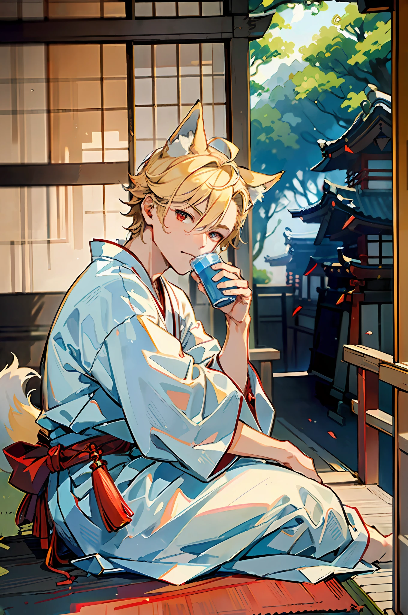((Masterpiece: 1.4, top quality)), one boy, blonde with spiked hair and red eyes, (Japan Shinto priest, white and light blue hakama: 1.3), fox ears, sitting on the porch and drinking tea, the scenery is a temple in Kyoto.