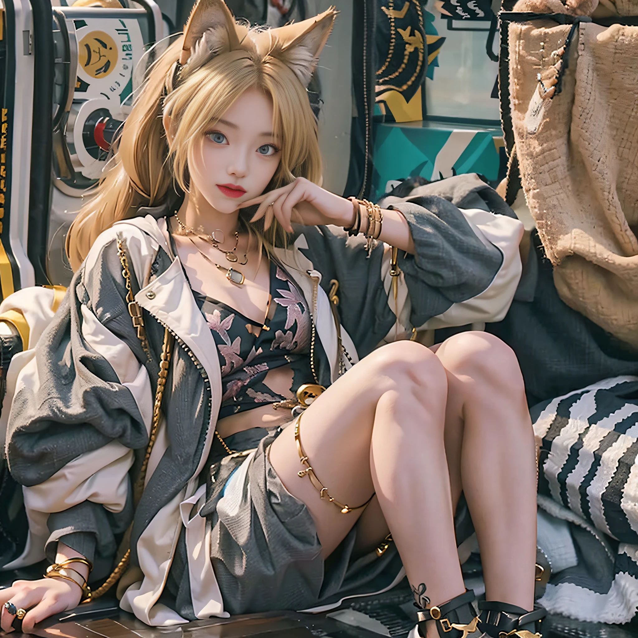 Wolf girl, blonde hair, wolf tail, wolf ears, necklace, anklet, tattoo, young, trench coat, golden eyes, fangs, bracelet, park