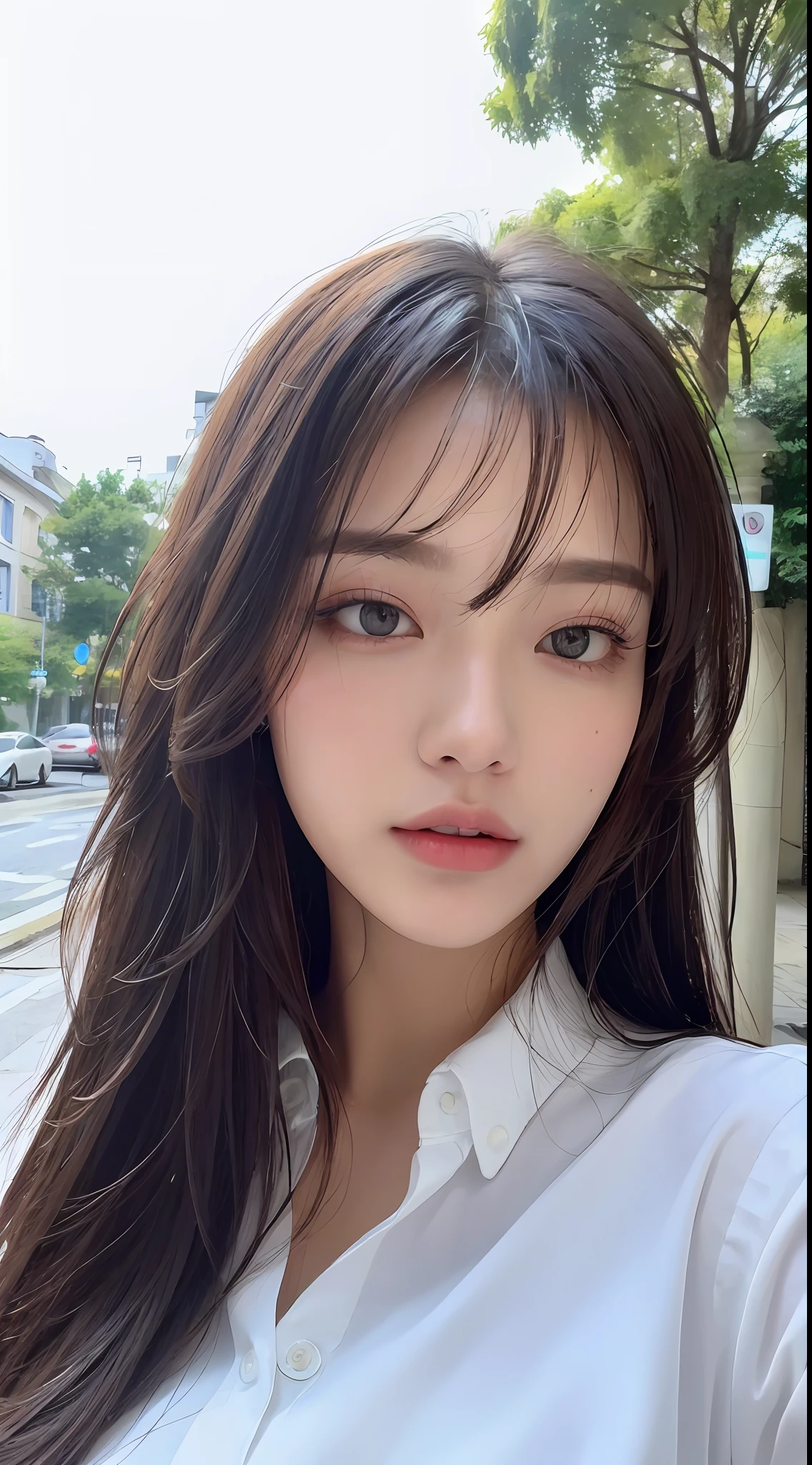 ((Best Quality, 8K, Masterpiece: 1.3)), Sharp: 1.2, Perfect Body Beauty: 1.4, Slim Abs: 1.2, ((Layered Hairstyle, Big Breasts: 1.2)), (Wet White Button Long Shirt: 1.1), (Rain, Street: 1.2), Wet: 1.5, Highly detailed face and skin texture, detailed eyes, double eyelids, side face looking at the camera