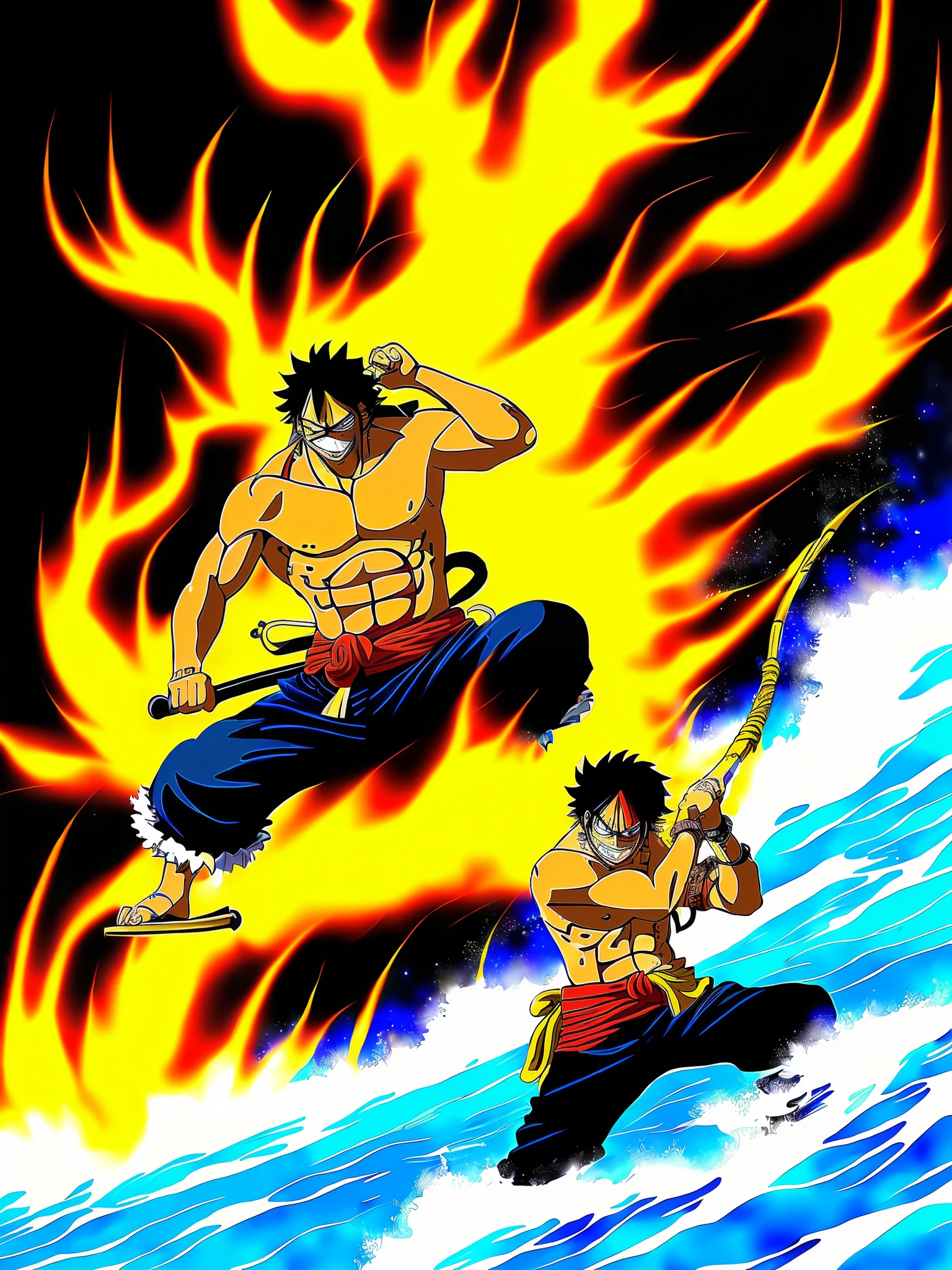 Luffy from one piece fighting the kaido also from one piece high on an erupting volcano with his strongest attack gomu no Gomu no bajrang gun
