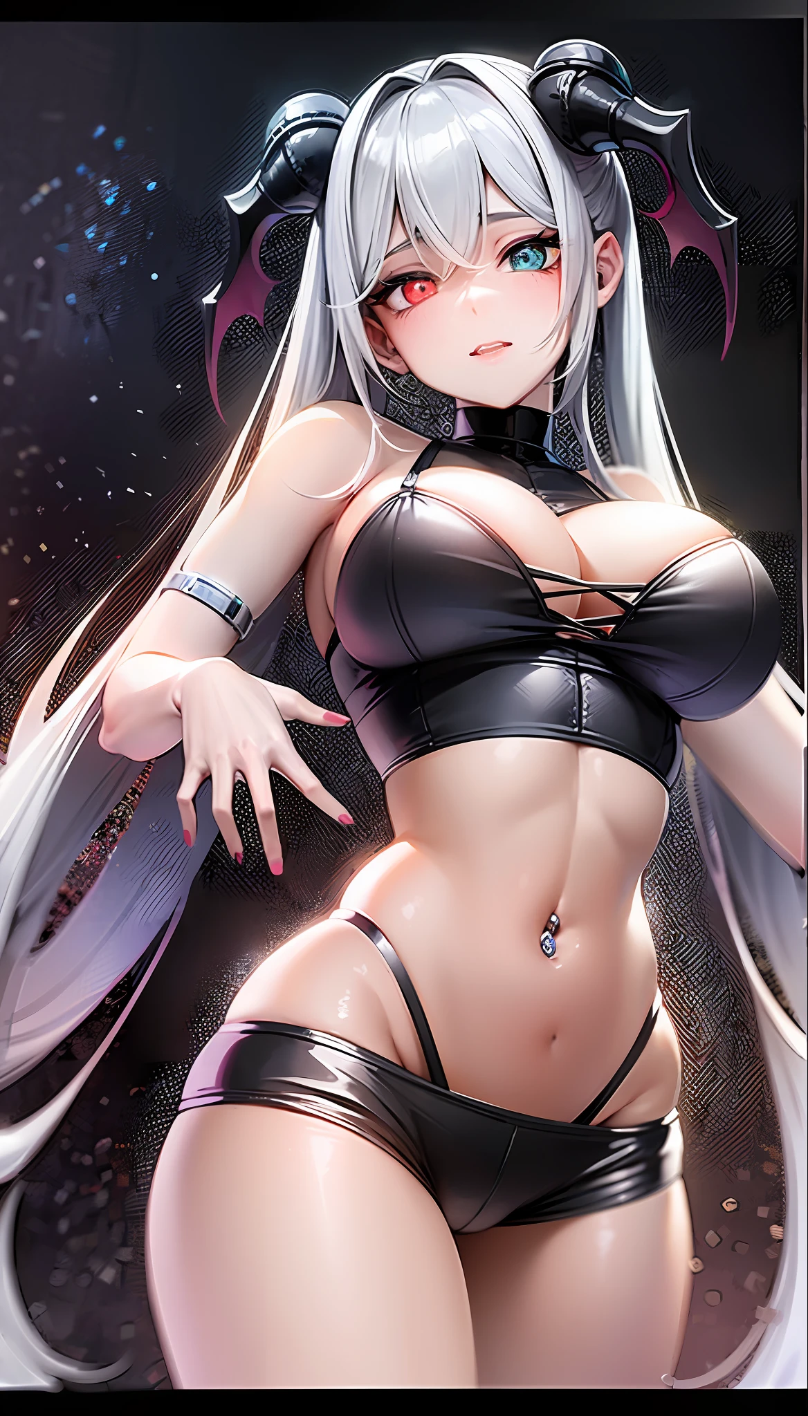 The image depicted is absolutely absurd! The visual quality is raised to 1.2, ensuring that every detail of this demonic portrait is perfectly visible. The main figure is a lonely girl, wrapped in a perfect appearance, with an emphasis on her huge breasts, exuding a diabolical magnetism of 1.4. She stares at the viewer with mesmerizing eyes, capturing their attention and drawing them into a world of wickedness. With influences from LucoaDM and CasualCL, she wears a fitted shorts and a stripped down suit, creating an unsettling combination of sensuality and elegance. The character's thighs are outrageously seductive, drawing attention to her power of temptation. Its heterochromia adds an extra dose of fascination, with one piercing green eye and the other, even more sinister, with a black tint (increased by 1.5). His pupils are cut, bright and yellow, emanating a malevolent and otherworldly aura.