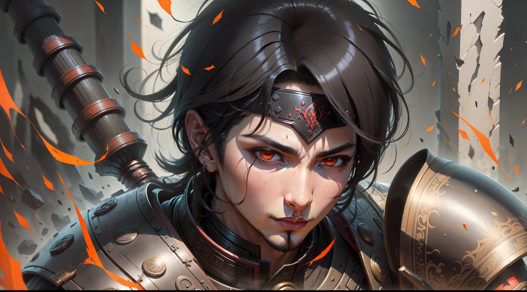 Hot-blooded youth, black hair, Tang-style armor, red