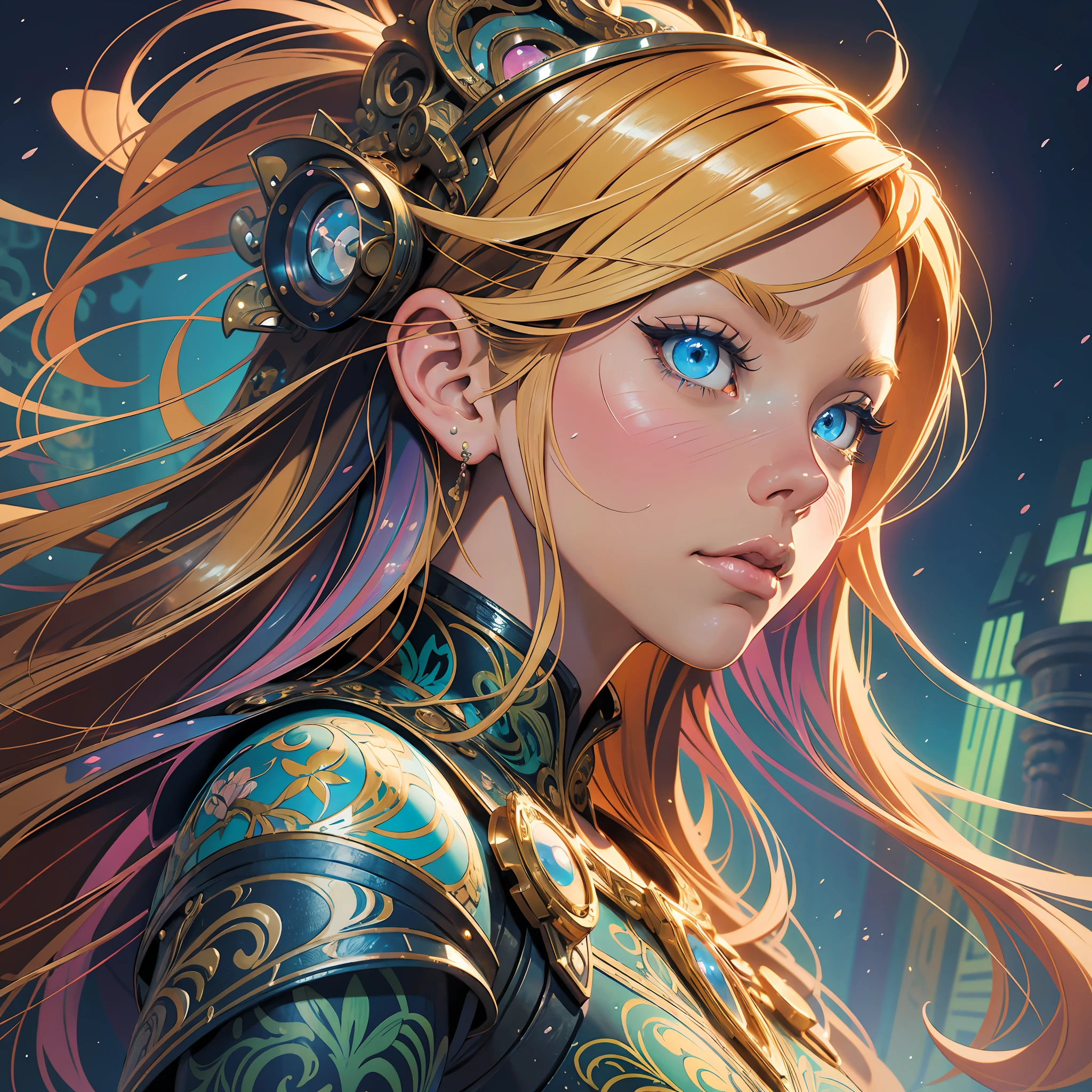 a close up of a AVRIL LAVIGNE with long blonde hair and blue eyes, detailed digital anime art, artgerm on artstation pixiv, digital anime illustration, artgerm. anime illustration, fantasy art style, alphonse mucha and rossdraws, artgerm. high detail, extremely detailed artgerm, anime fantasy illustration, digital anime art, beautiful anime art style, chromic aberration, action packed,light placement art, luminism, maximalism, intricate complex painting matrix, ultra high contrast, detailed busy painting matrix, wide angle lens, bioluminescence, bouncing lighting, intricate reflections, best shadows, best lighting, best postprocessing, artistic filters, ambient occlusion, romanticism