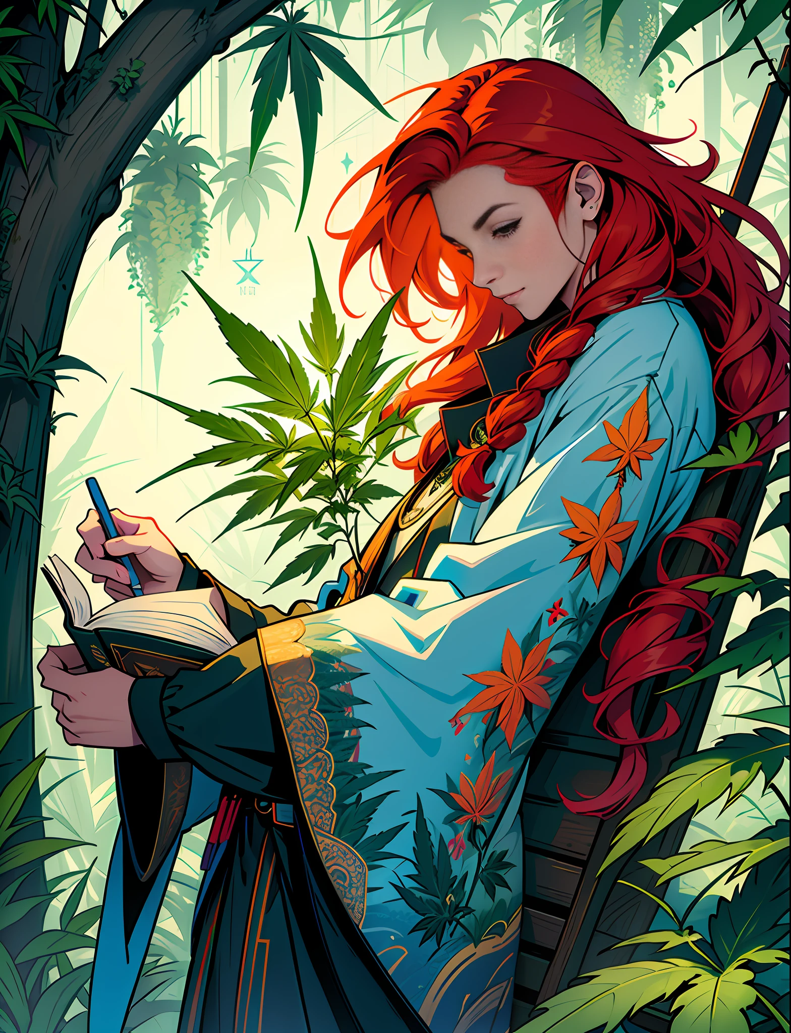 Close up closeup Hemp, leaf, marijuana, cannabis cone, ((illustration)), colorful, wallpaper, energy, secret, magical environment, magical environment, magic wand, books, pages flying in the sky, omniscience, prediction of the future, understanding the past, frost magic, spells, red hair, long hair, --v 6