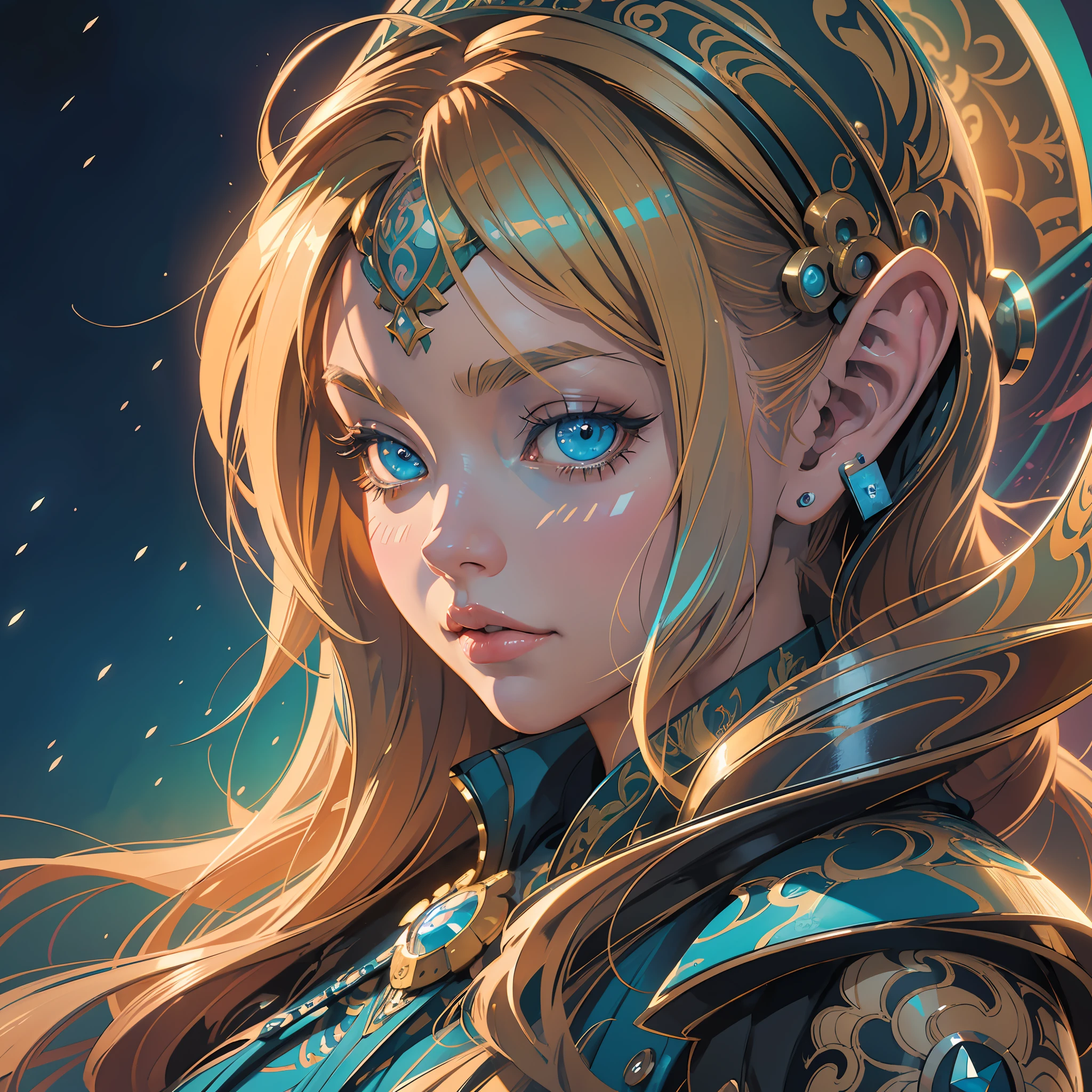 a close up of a AVRIL LAVIGNE with long blonde hair and blue eyes, detailed digital anime art, artgerm on artstation pixiv, digital anime illustration, artgerm. anime illustration, fantasy art style, alphonse mucha and rossdraws, artgerm. high detail, extremely detailed artgerm, anime fantasy illustration, digital anime art, beautiful anime art style, chromic aberration, action packed,light placement art, luminism, maximalism, intricate complex painting matrix, ultra high contrast, detailed busy painting matrix, wide angle lens, bioluminescence, bouncing lighting, intricate reflections, best shadows, best lighting, best postprocessing, artistic filters, ambient occlusion, romanticism