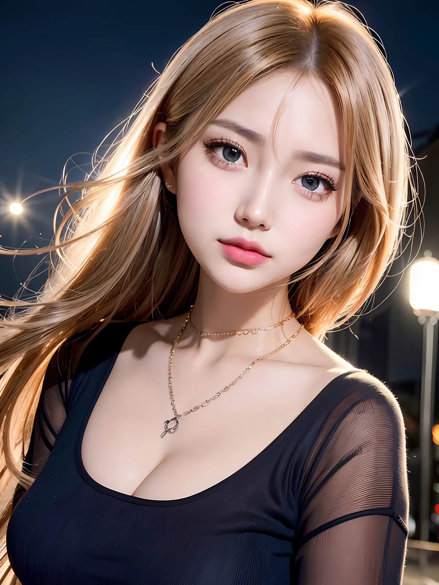 Masterpiece, high quality, real photos, 1girl, beautiful face, big eyes, light makeup, collarbone chain, backlight, halo diffusion, street lamp, night view, depth of field, center symmetry