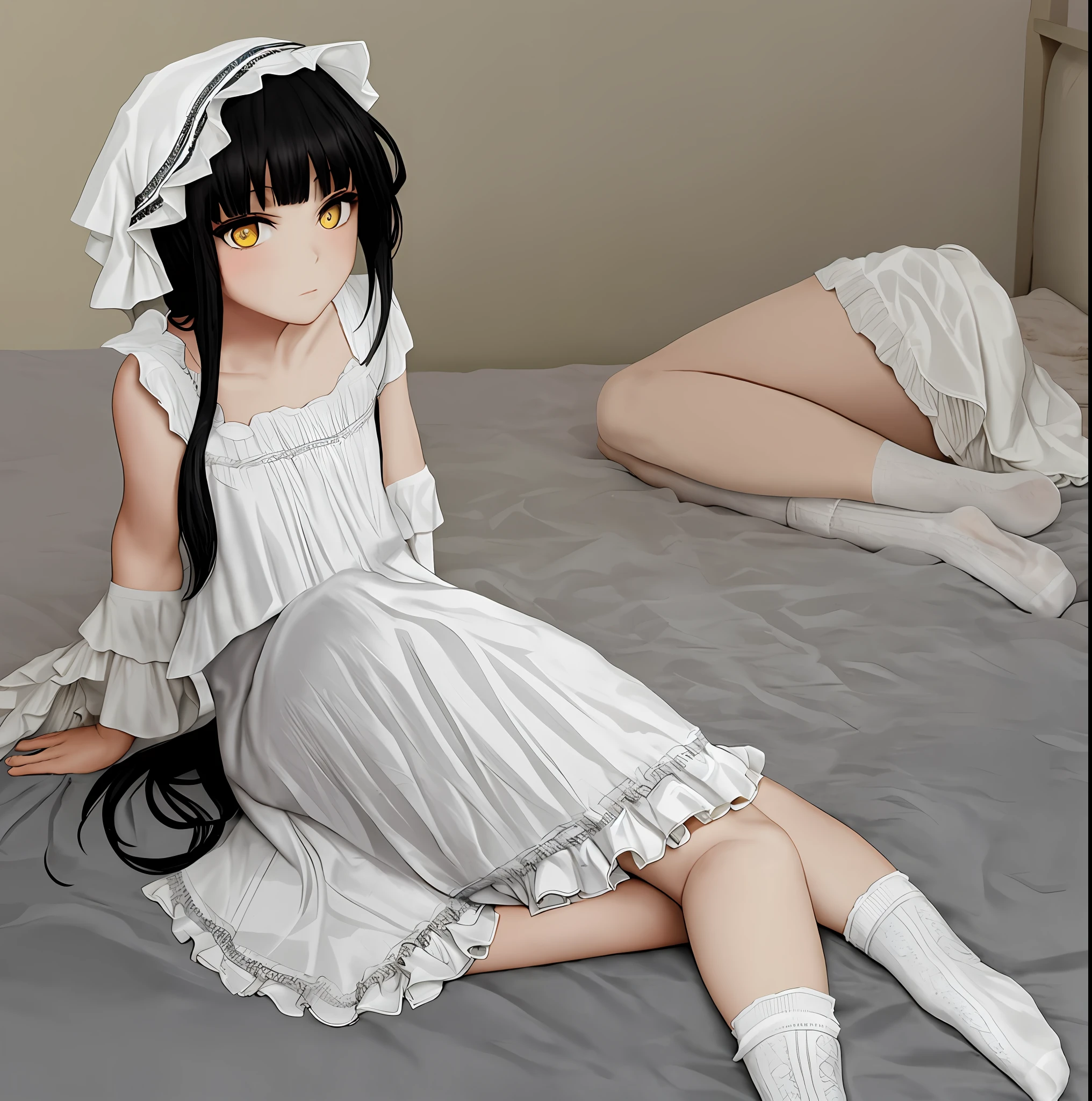 Best quality and masterpiece of a beautiful girl with black hair and yellow eyes wearing a white dress, sitting seiza style with socks and ruffle socks visible, shot from behind in close-up while on the bed.