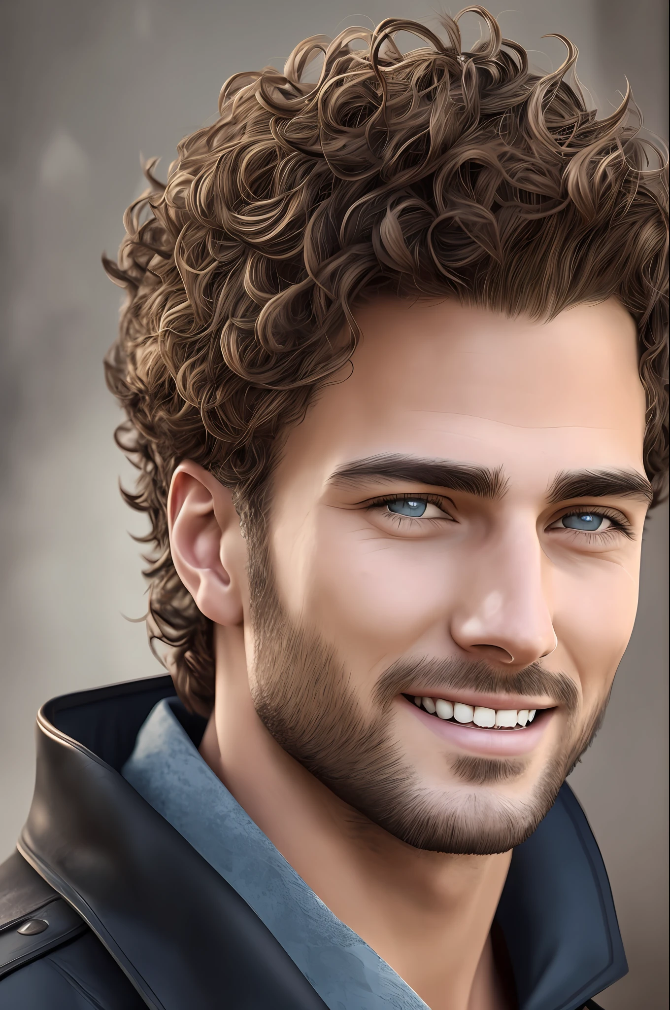 Portrait of a very handsome man. Short hair. Curly hair and dark blonde. Nice smile. Black eyes. Perfect skin. Photorealistic, hyperdetailed, high quality, 8k --auto --s2