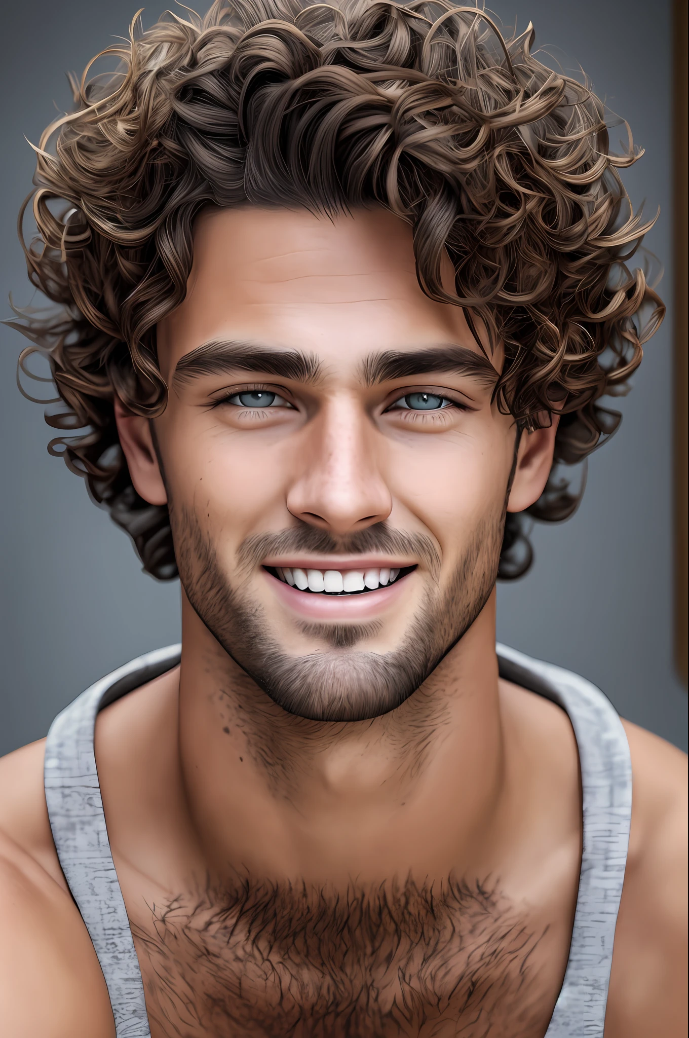 Portrait of a very handsome man. Short hair. Curly hair and dark blonde. Nice smile. Black eyes. Perfect skin.  Photorealistic, hyperdetailed, high quality, 8k --auto --s2