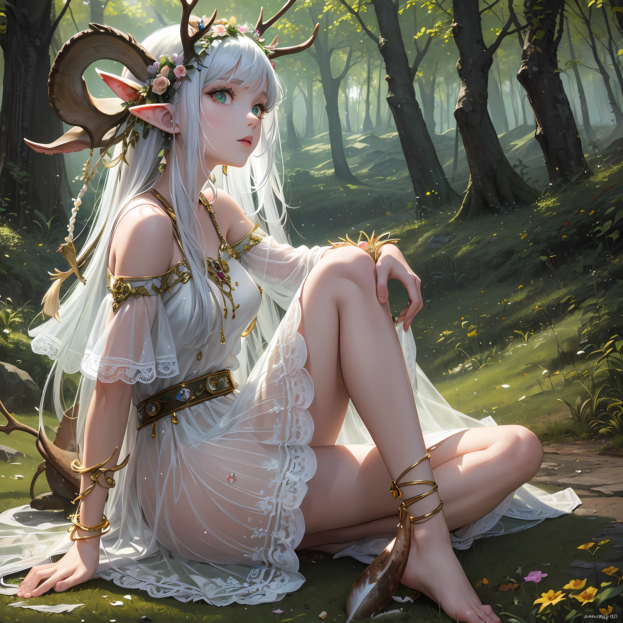 (original), (masterpiece) , (best quality), (reality),photorealistic, Octane rendering, (surreal:1.1), perfect features,1 girl, colorful,translucent hair, (glowing inner hair),the perfect appearance,(Elk horn on head:1.35),white hair,[green eyes | yellow eyes],(loli),(barefoot sandals:1.25),(forest:1.2),(lace-trimmed dress:1.15),(chiaroscuro lighting:1.2),(see-through clothes),(profile:0.85),(looking at viewer:1.25), [:green eyes:12],(flower bracelet),elf,short hair
