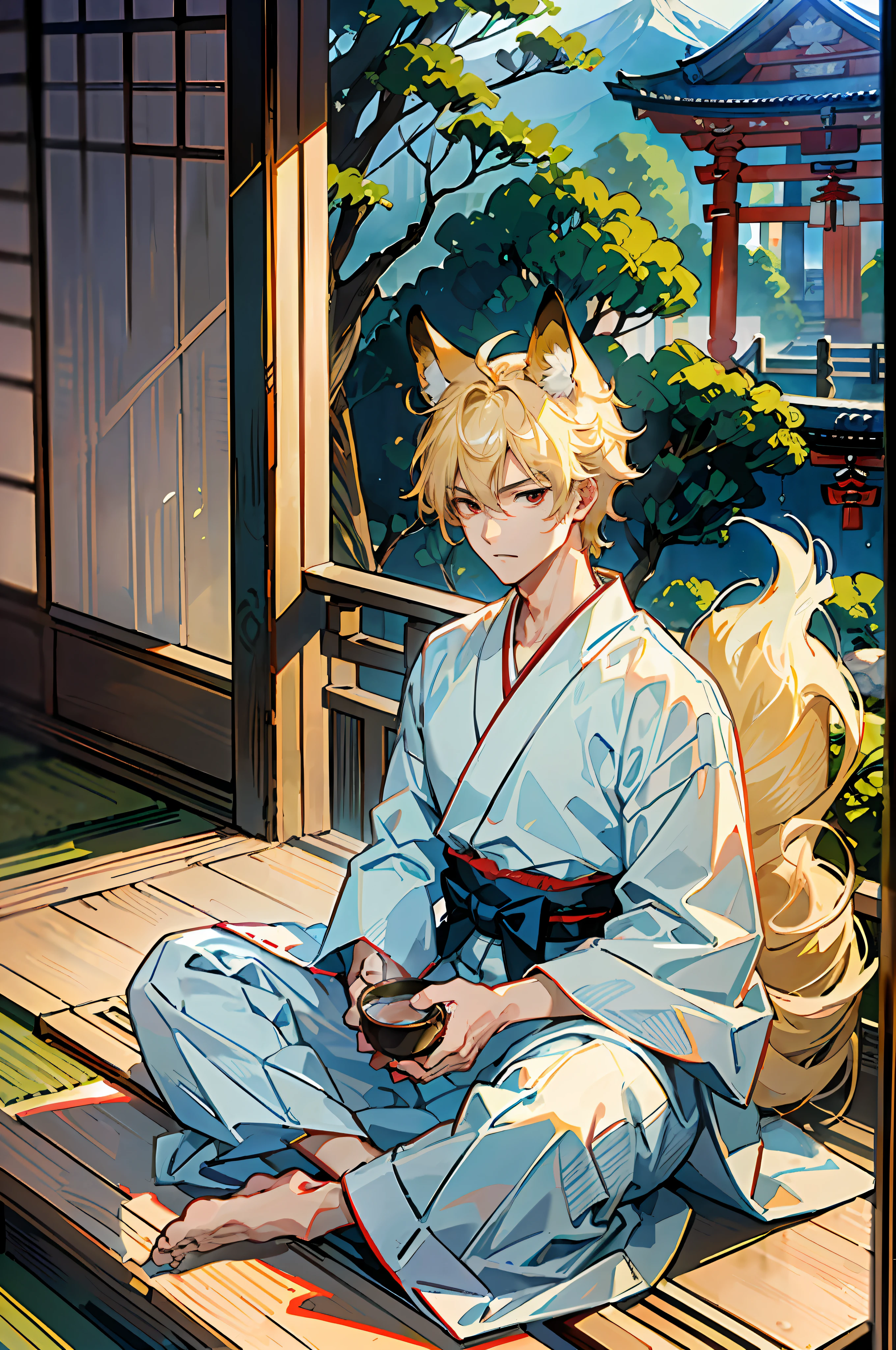 ((Masterpiece: 1.4, best quality)), one boy, blonde spiked hair and red eyes, (Japan Shinto priest, white and light blue hakama: 1.3), fox ears and tail, sitting on the porch and drinking tea, the scenery is a temple in Kyoto.