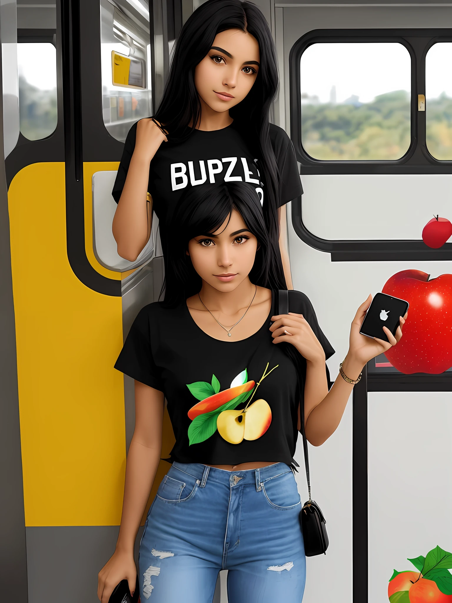 Brazilian girl with black hair, brown eyes with an apple T-shirt holding a bag with the writing Zac phone inside a train going to make a delivery