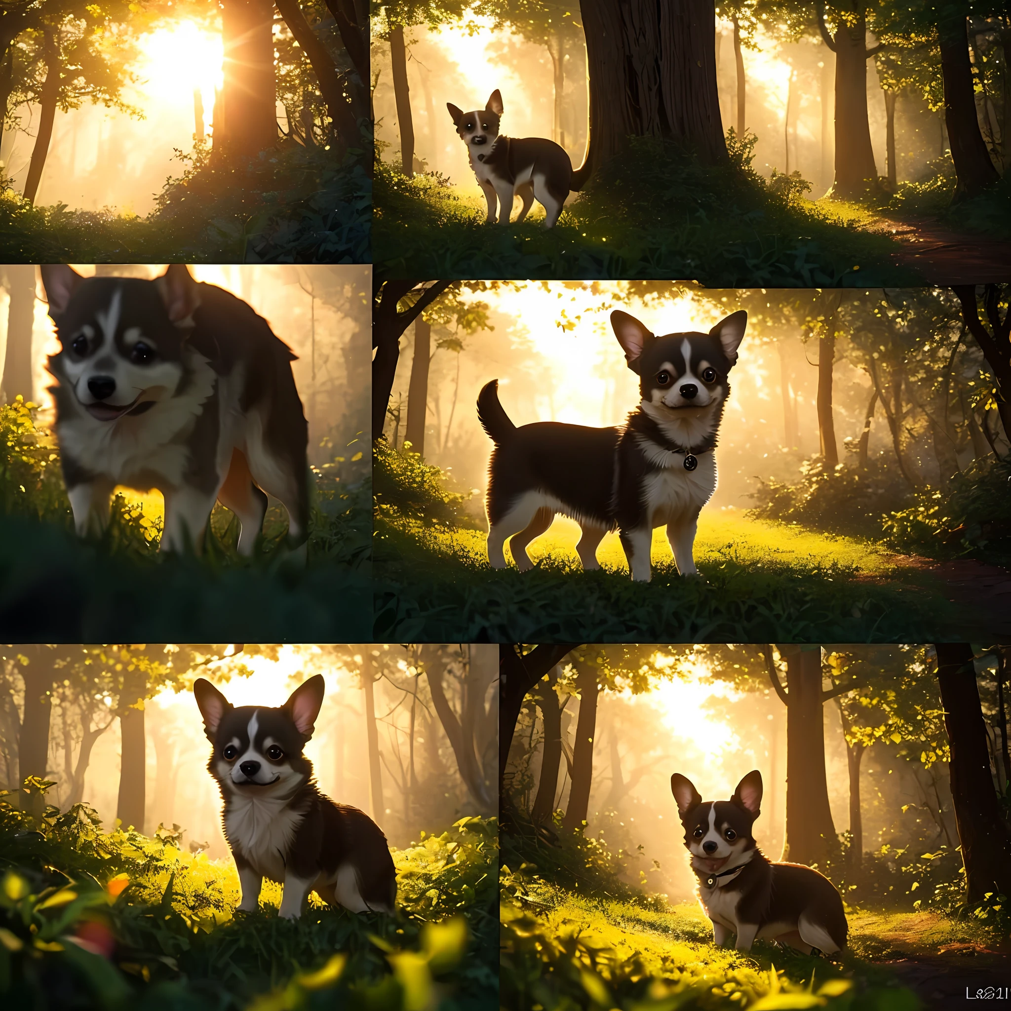 (Best Quality: 1.2), (Masterpiece: 1.2), (Real: 1.2), Close-up Photography, Very Cute Chihuahua Puppy In the Woods, Soft Volumetric Lights, (View Viewers: 1.3), (Backlit: 1.3), (Cinematic: 1.2), Intricate Details, Masterpiece