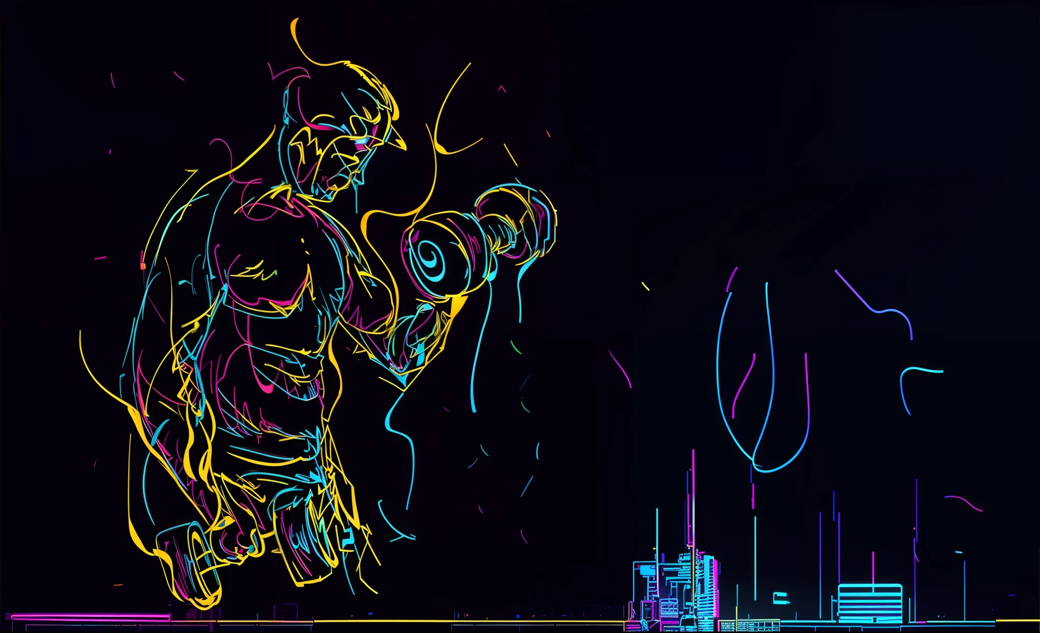 a man with a boxing glove in neon colors, multicolored tshirt art, colorful muscular robot, thick vector line art, ( ( ( ( ( dan mumford ) ) ) ) ), strong silhouette, line vector art, intense line art, in the style dan mumford artwork, high contrast illustrations, neon outlines, colorful muscular eldritch, vector line - art style