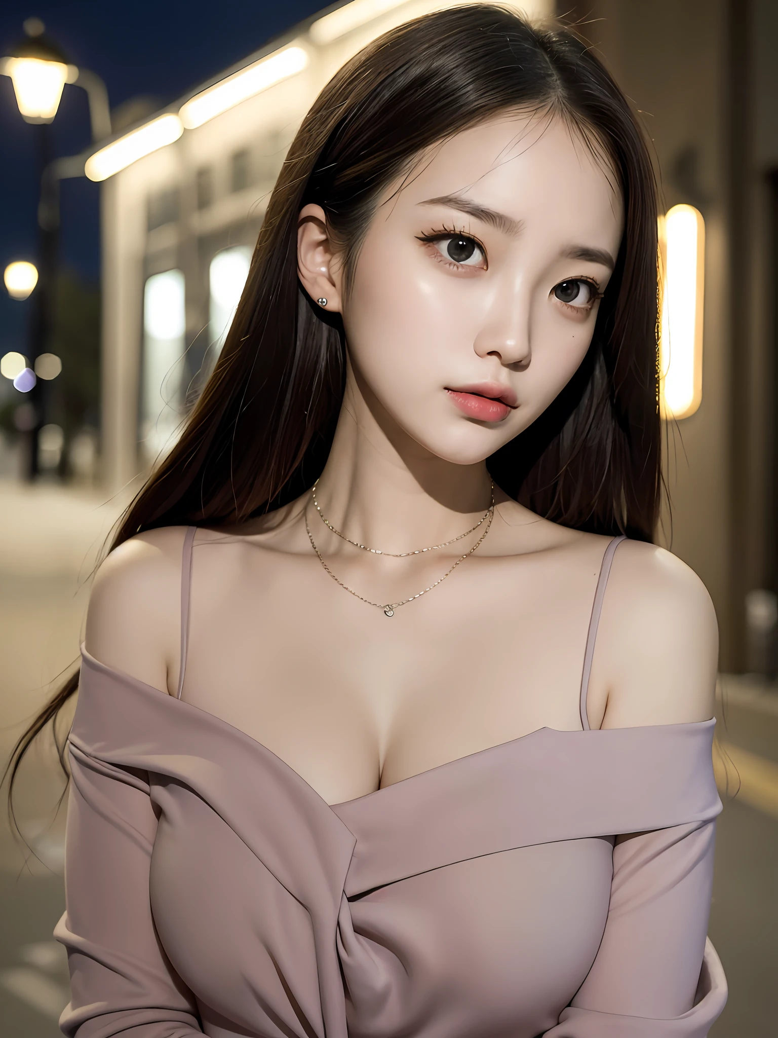 Masterpiece, high quality, real photos, 1girl, beautiful face, big eyes, light makeup, collarbone chain, street lamp, night view, depth of field, center symmetry