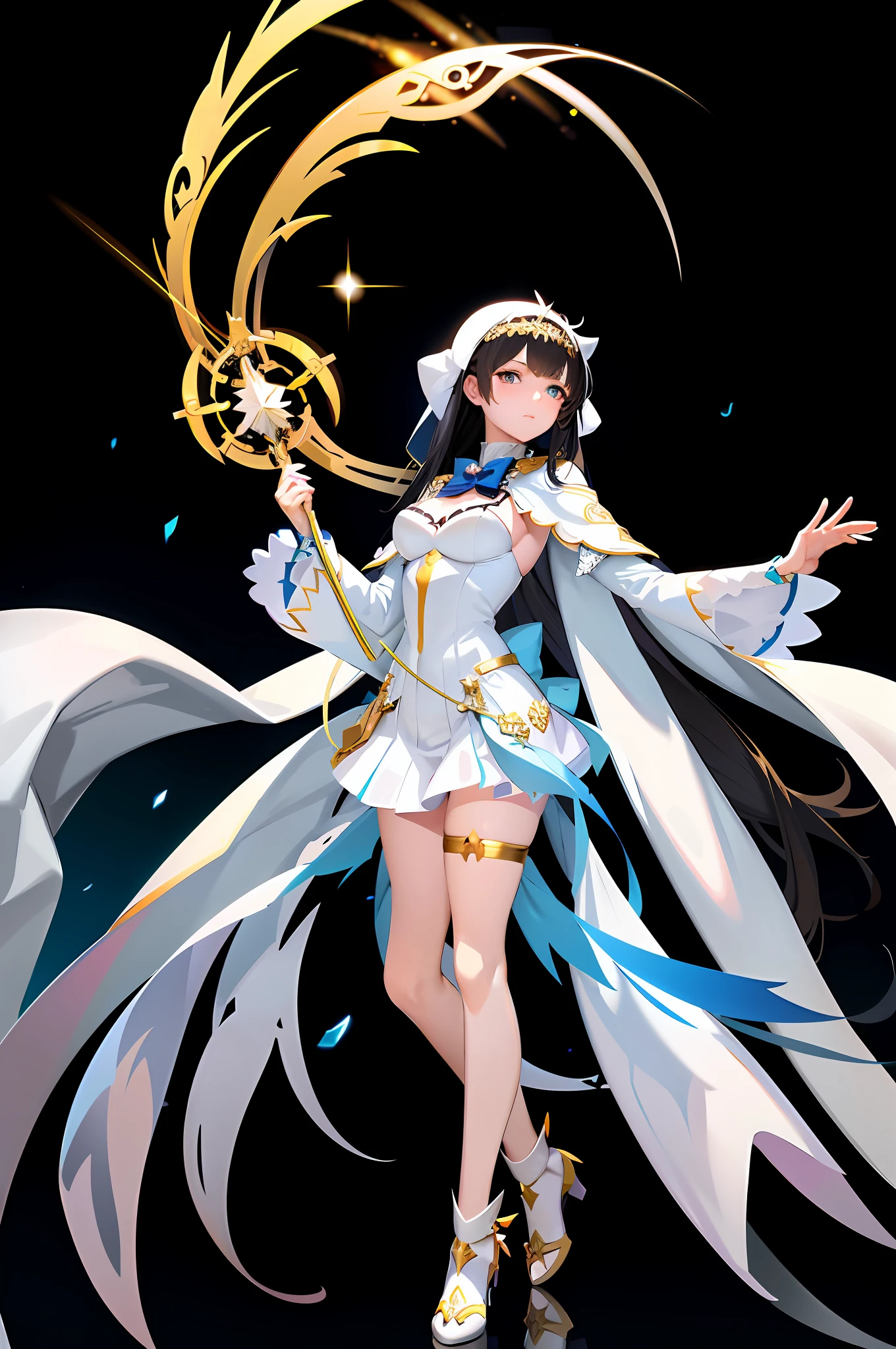 anime girl in white dress with cape and gold belt waving, hestia, anime visual of a cute girl, albedo from the anime overlord, dressed like a cleric, albedo from overlord, anime goddess, black - haired mage, cute anime waifu in a nice dress, anime moe artstyle, cleric, official artwork, azur lane style