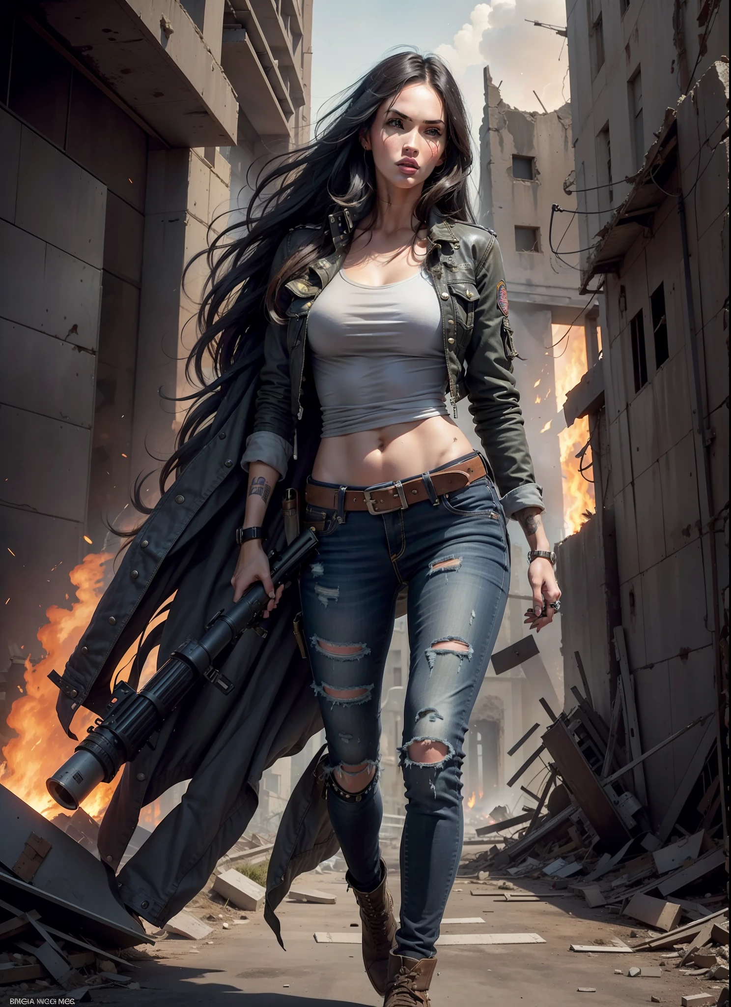 megan fox, long hair, jeans, long jacket, gray t-shirt,1 belt, holster, rivets, just one body, big gun in the hands, in the ruins, explosions behind, fire behind, night, front view
