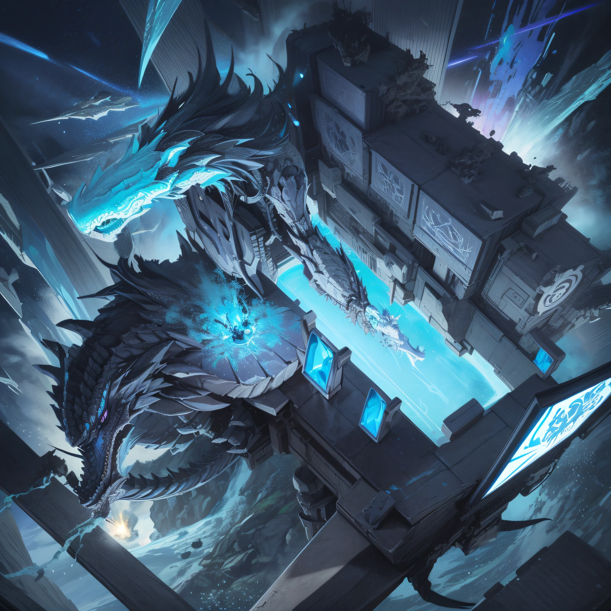 There is a dragon with a blue and black body and wings, Frost Dragon, Storm Dragon, Crystal Dragon, Scar Dragon, Dragon King, Epic Dragon, Cyborg Dragon Portrait, Legendary Dragon, Blue Scale Dragon, Full Body Dragon Concept, Black Dragon, Scary Sharp Icy Cold, Stern Design, Demon Black Blue-Purple, Bardas Dragon, Arduin, Dark and Terrible City