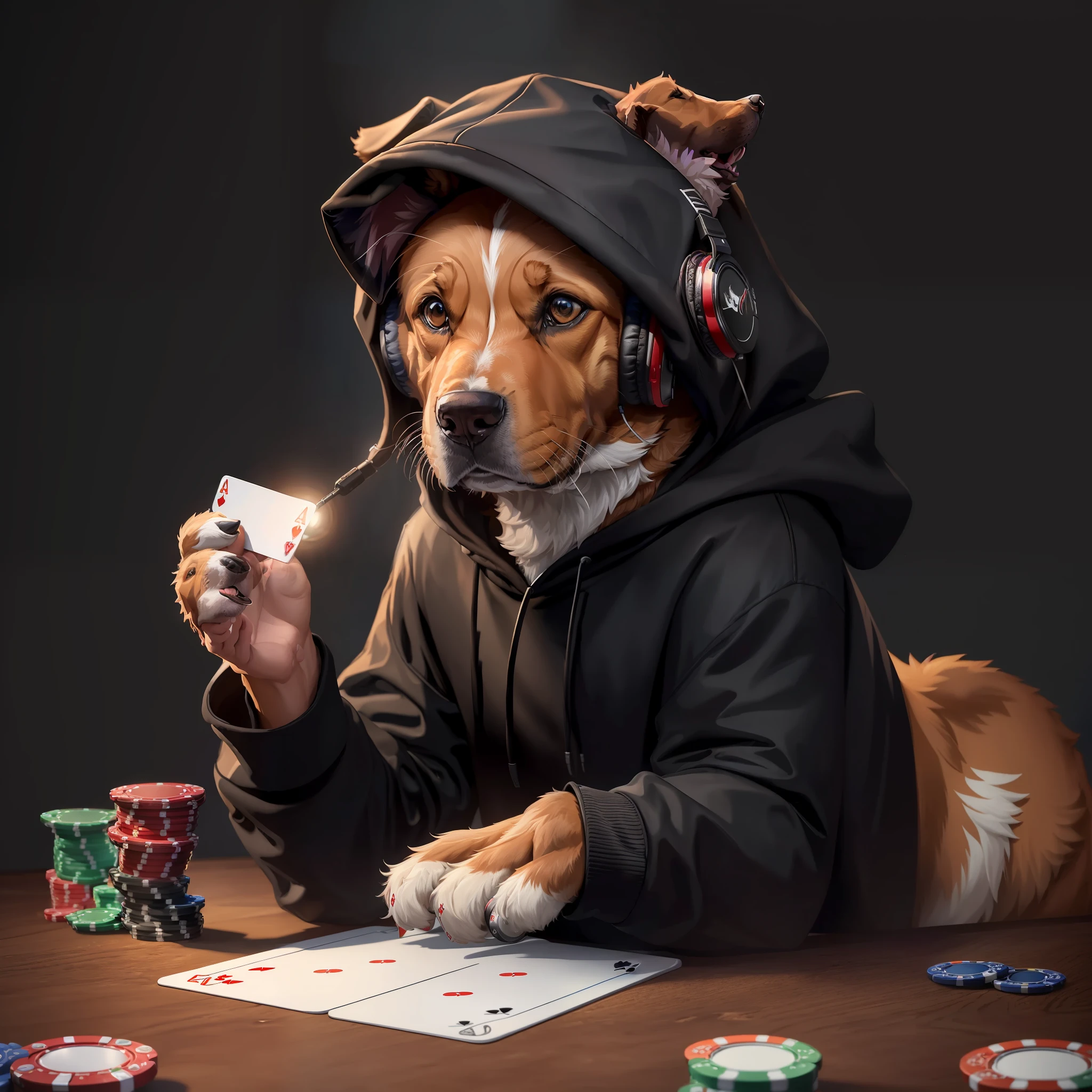 ((Best quality, 8K, masterpiece: 1.3)). Dog wearing a black hoodie with hood and headphones, playing poker, holding playing cards in his paws --auto --s2