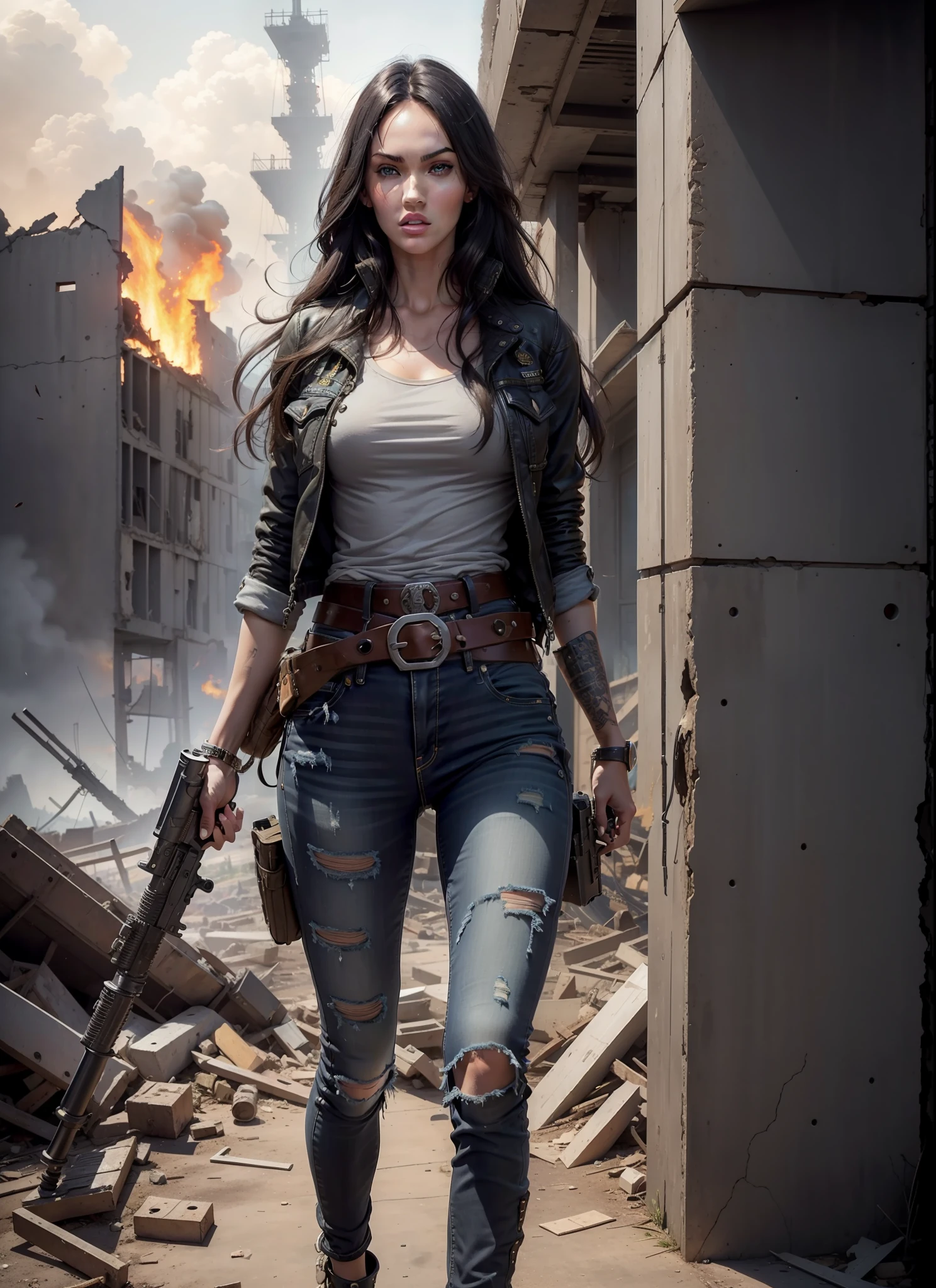 megan fox, long hair, jeans, long jacket, gray t-shirt,1 belt, holster, rivets, just one body, big gun in the hands, in the ruins, explosions behind, fire behind, night, front view