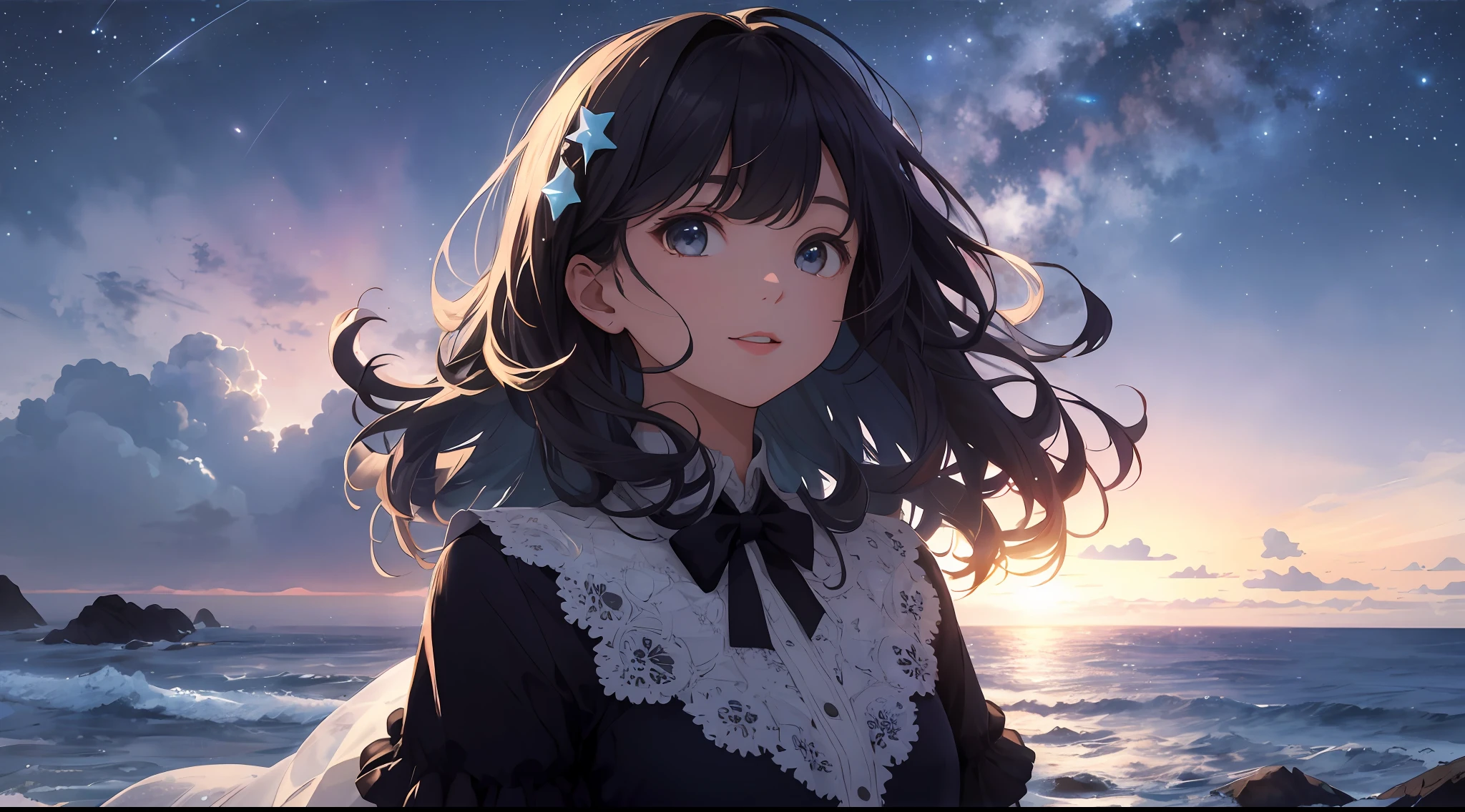 (Best Quality: 1.5), (Super Detail: 1.5), (Best Quality Photo: 1.5), ocean as far as the eye can see, full of stars, meteor shower, horizon, pitch black sea, midnight, midnight, galaxy, nebula, particles of light, very delicate and beautiful, very detailed, mysterious, cinematic angle, 8k resolution, elegant, perfect, smooth, beautiful girl looking up to the heavens, very cute, curly,