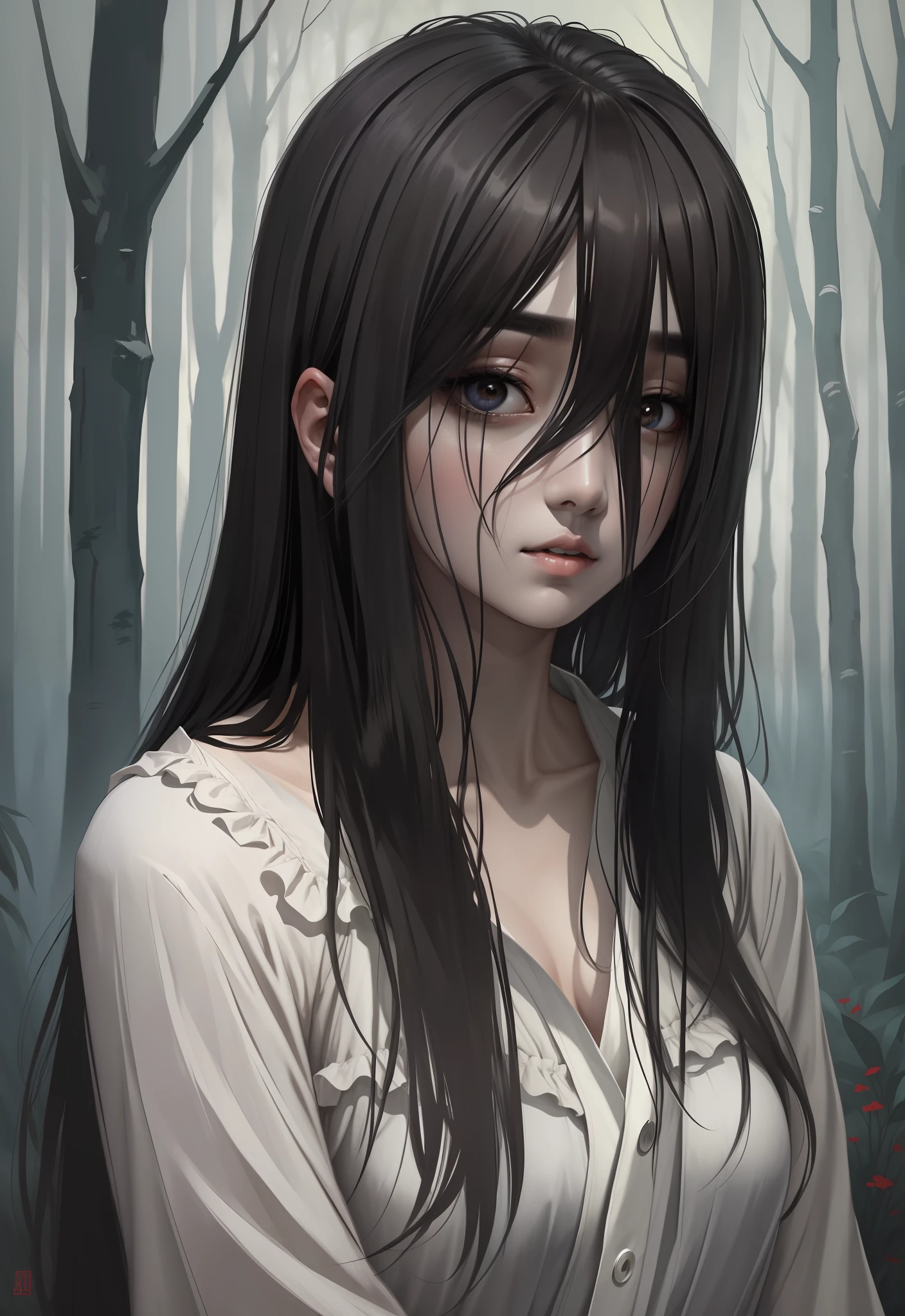 ((masterpiece)), (best quality), (absurdists), black hair, yamamura_sadako, white dress, (grey skin), hair over eyes, eyes covered, looking at the viewer in the dark forest