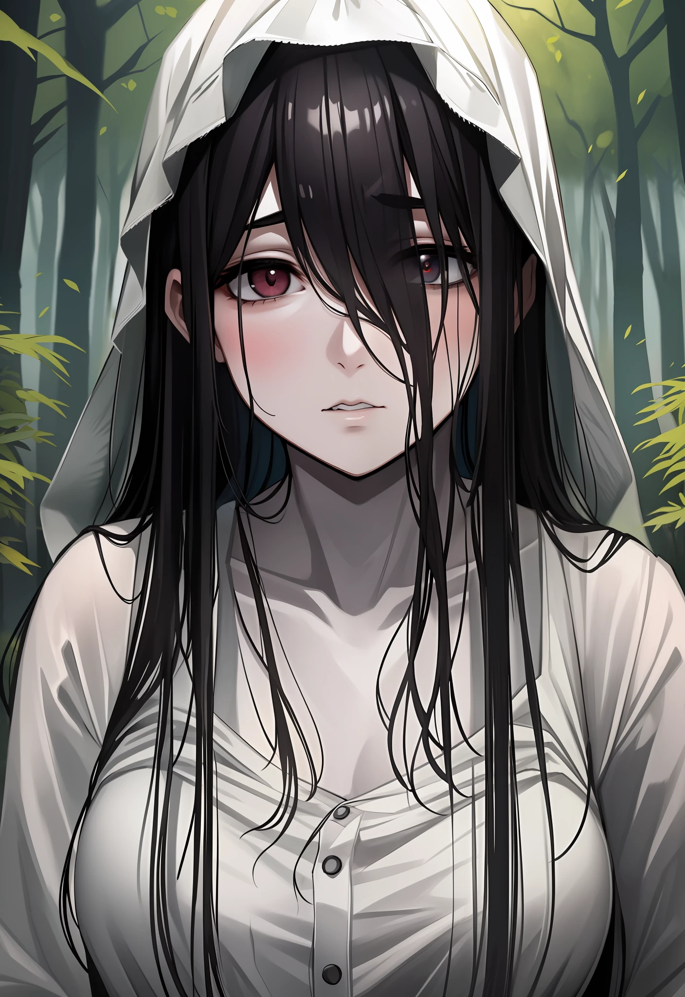 ((masterpiece)), (best quality), (absurdists), black hair, yamamura_sadako, white dress, (grey skin), hair over eyes, eyes covered, looking at the viewer in the dark forest