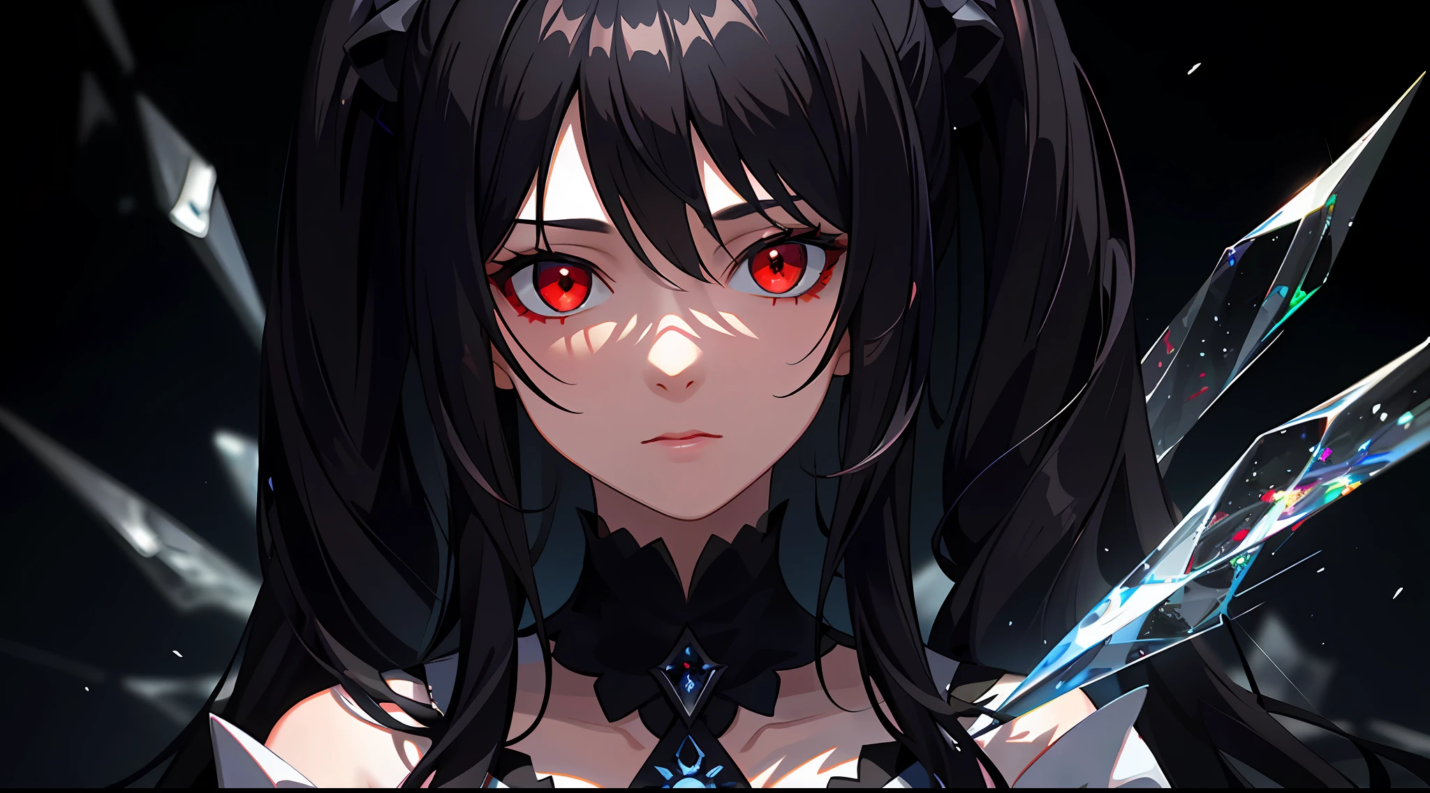(masterpiece, best quality, ultra-detailed, best shadow), (detailed background,dark fantasy), (beautiful detailed face), high contrast, (best illumination, an extremely delicate and beautiful), ((cinematic light)), colorful, hyper detail, dramatic light, intricate details, (1girl, solo,black hair, sharp face,low twintails,red eyes, hair between eyes,dynamic angle), blood splatter, swirling black light around the character, depth of field,black light particles,(broken glass),magic circle,