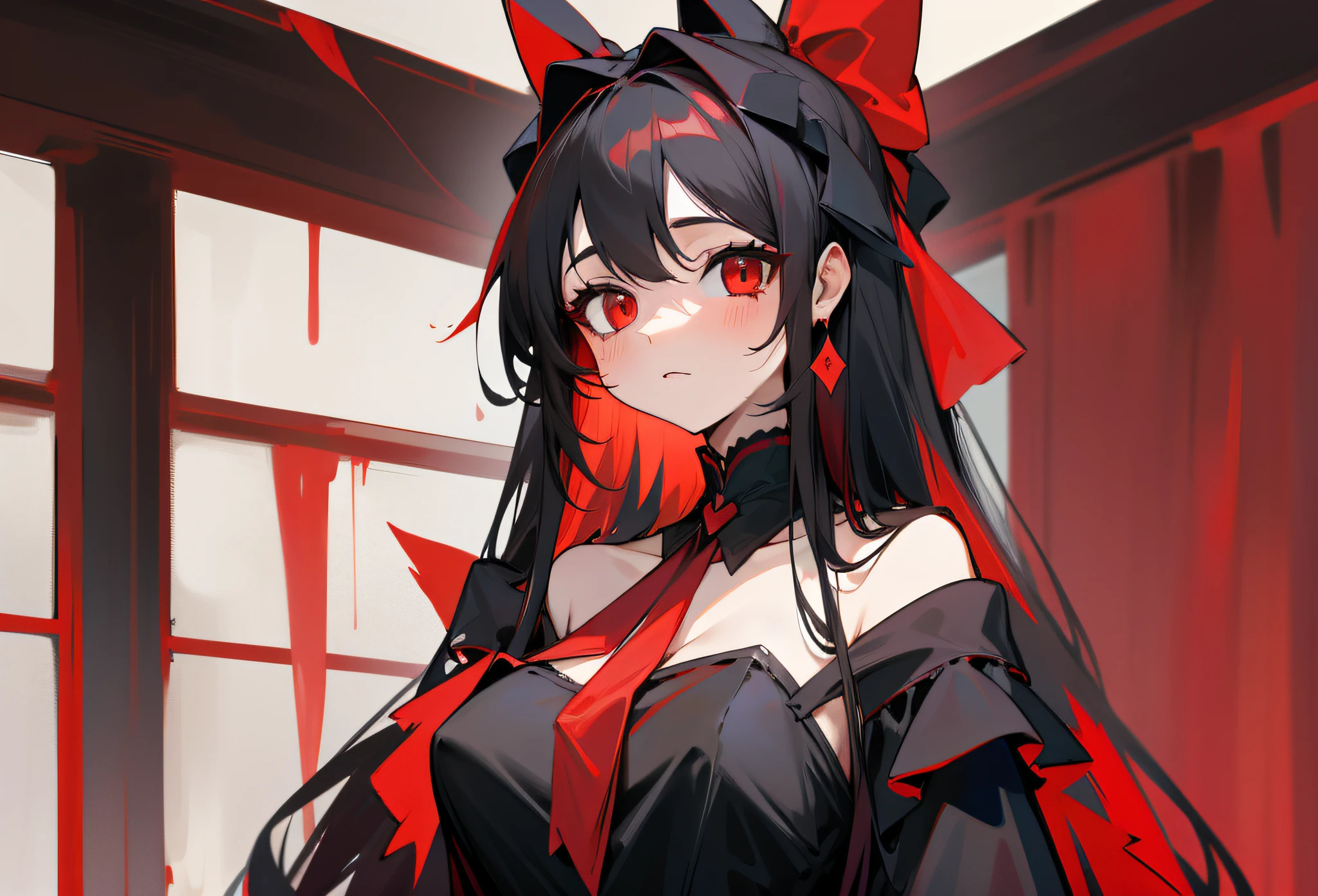 The eyes are red, black hair, draped hair, very long hair, girl, a red and black bow on the left and right of the head, red and black dress, the clothes are higher