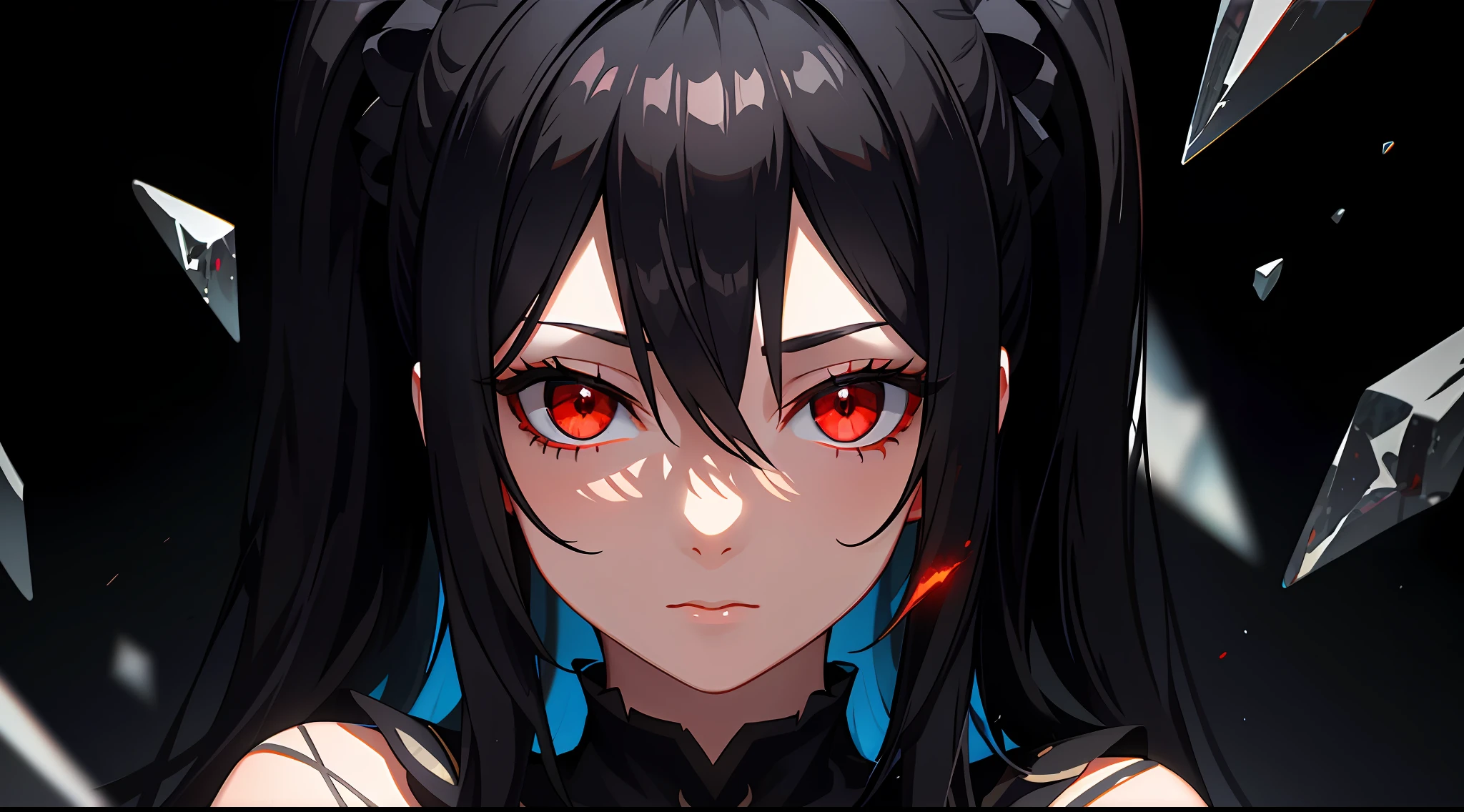 (masterpiece, best quality, ultra-detailed, best shadow), (detailed background,dark fantasy), (beautiful detailed face), high contrast, (best illumination, an extremely delicate and beautiful), ((cinematic light)), colorful, hyper detail, dramatic light, intricate details, (1girl, solo,black hair, sharp face,low twintails,red eyes, hair between eyes,dynamic angle), blood splatter, swirling black light around the character, depth of field,black light particles,(broken glass),magic circle,