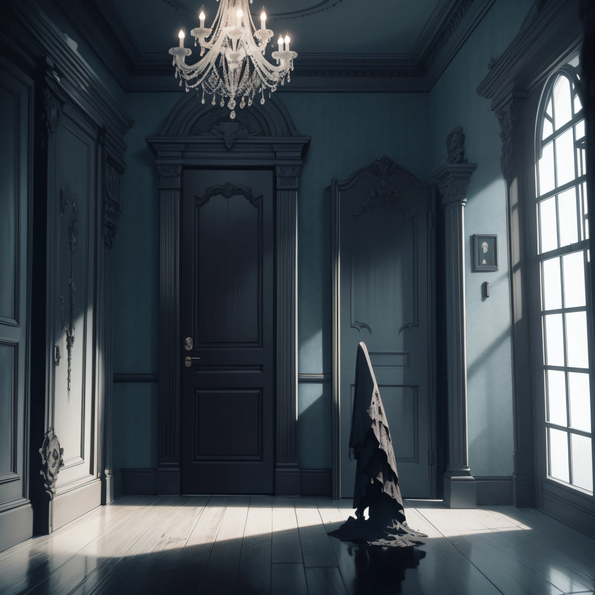 Absurd Resolution, High Resolution, (Masterpiece: 1.4), Hyper Detail, Spooky Room, Dark Monster, Horror, Cobweb, Dark Scary, Room Doorway (1.1)