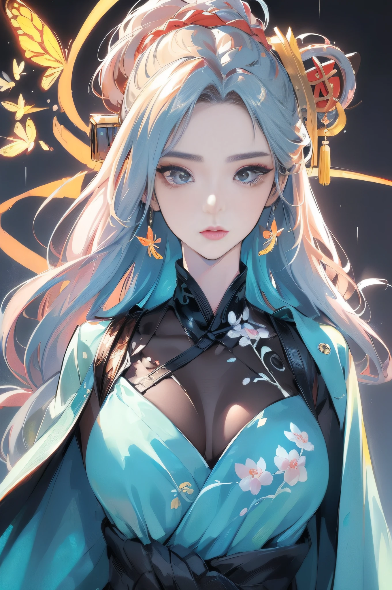 (Masterpiece:1.2, high quality),(pixiv:1.4),(Gongbi painting of the Song Dynasty:1.4),(wide-angle lens,Panoramic:1.2),(imid shot:0.95),(imid shot,macro shot:1.25),Dynamic Angle,Perspective,High Point,(black background:1.2),[(black background:1.5)::5],
masterpiece,best quality,8k,insane details,intricate details,hyperdetailed,hyper quality,high,Braid,(mature female:1.5),sideways glance,(cold attitude:1.2),
Eyebrows like early spring willow leaves,often with rain hate cloud sorrow,Face such as peach blossom in March,hidden amorous month. Thin waist curl,constrained yan lazy warbler languid,Sandalwood mouth light,seduce the bee crazy butterfly chaos. Enchanting jade speech,beautiful jade fragrance,
A shot with tension,(sky glows red,Visual impact,giving the poster a dynamic and visually striking appearance:1.2),close-up,(imid shot,macro shot:1.25),(Detailed face description),(Detailed hair description),(Detailed clothes description),
{Extremely Delicate Beautiful},(detailed eye description),((Delicate Faces)),(Beautiful and detailed facial depiction),
(beautiful face),thin face,slim,oval face,perfect face,delicate face,eyes detailed,Milky skin,(full body:1.1),