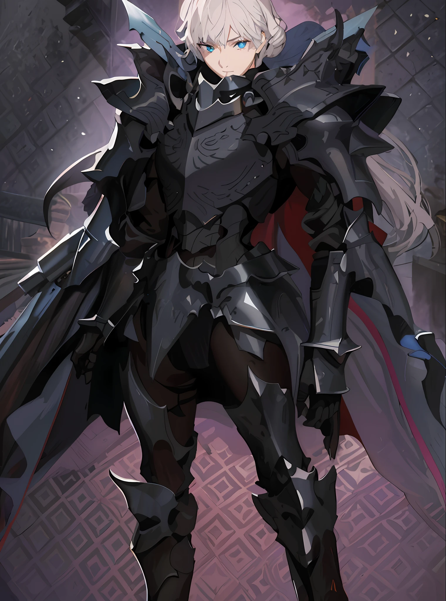 A perfectly quality, high-resolution CG rendered scene with shadows and light and shadow, with a close-up of the side face of a woman in a sword costume in the background, with a full portrait of a gloomy paladin and knights, respectively dressed in pale black armor, painted portraits of Maud Caesar, anthropomorphic crow knights from the ark, berserker skeleton knights black armor, male paladins, dark armor, dragon knights, shadow armor, black fire reflective armor, and female knights, with special emphasis on her long white hair, Deep blue eyes and sharp eyes.