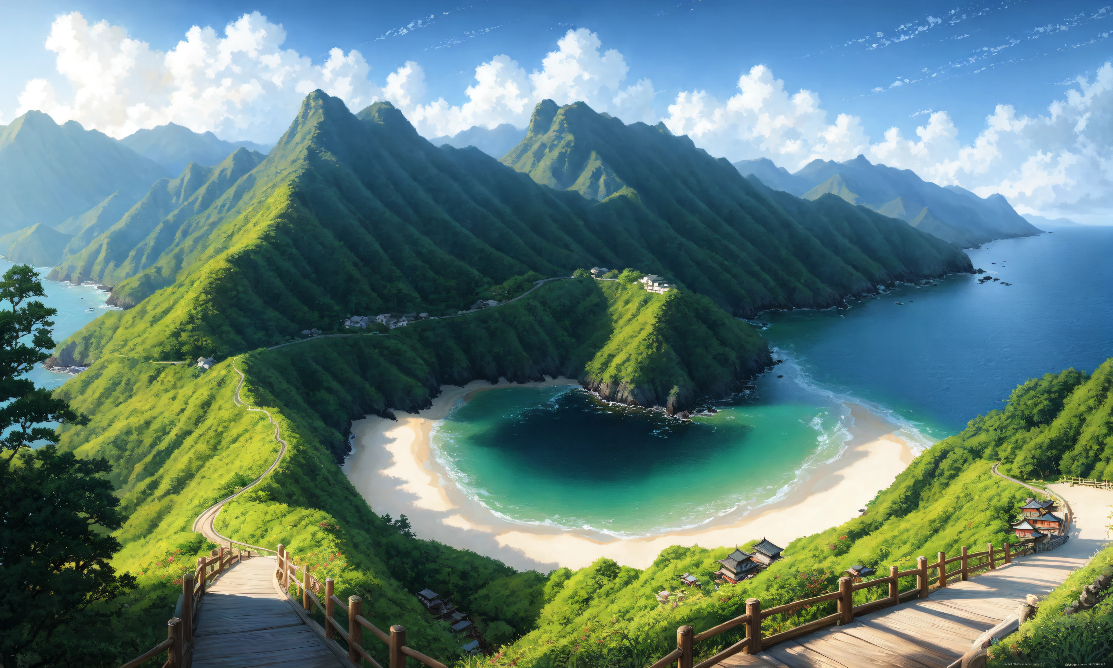 (extremely detailed CG unity 8k wallpaper), full shot photo of the most beautiful artwork of a japanese village by the ocean, slightly cloudy at sunset, nostalgia, professional majestic oil painting by Ed Blinkey, Atey Ghailan, Studio Ghibli, by Jeremy Mann, Greg Manchess, Antonio Moro, trending on ArtStation, trending on CGSociety, Intricate, High Detail, Sharp focus, dramatic, photorealistic painting art by midjourney and greg rutkowski