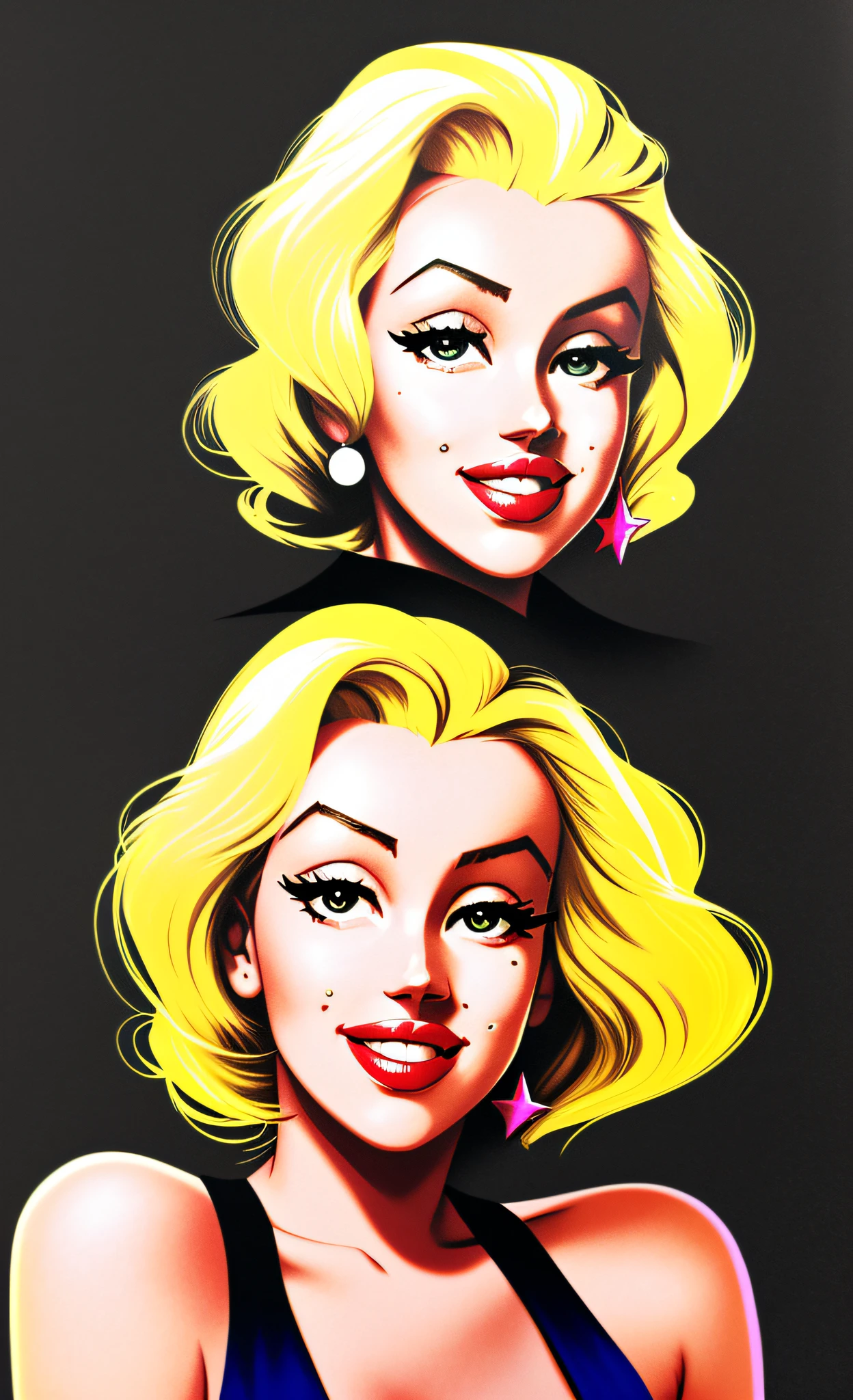 photo of a woman style Marilyn Monroe front, masterpiece, beautiful, yellow hair, 1girl, half body, highres, strong colors, blue dress hopefully falling, red lips surprised smile, centered, realistic, professional, black background, plain black background