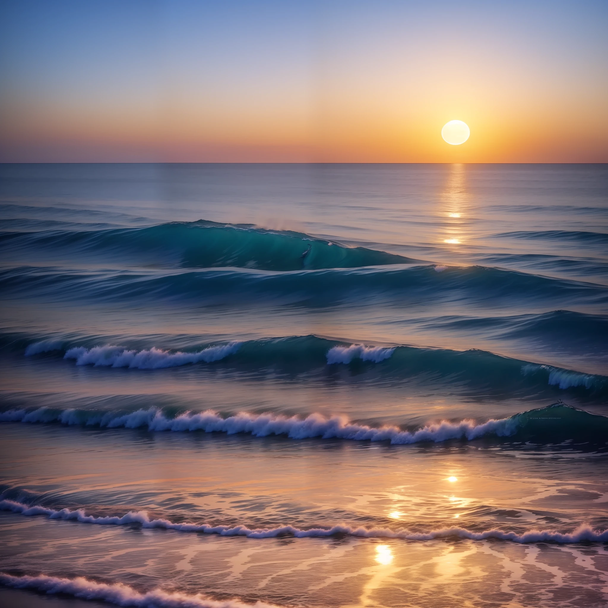 best quality, masterpiece, (realistic: 1.2), Moon Ocean Rising sun Reflection Serenity Romanticism Beauty Sharing Distance Timelessness