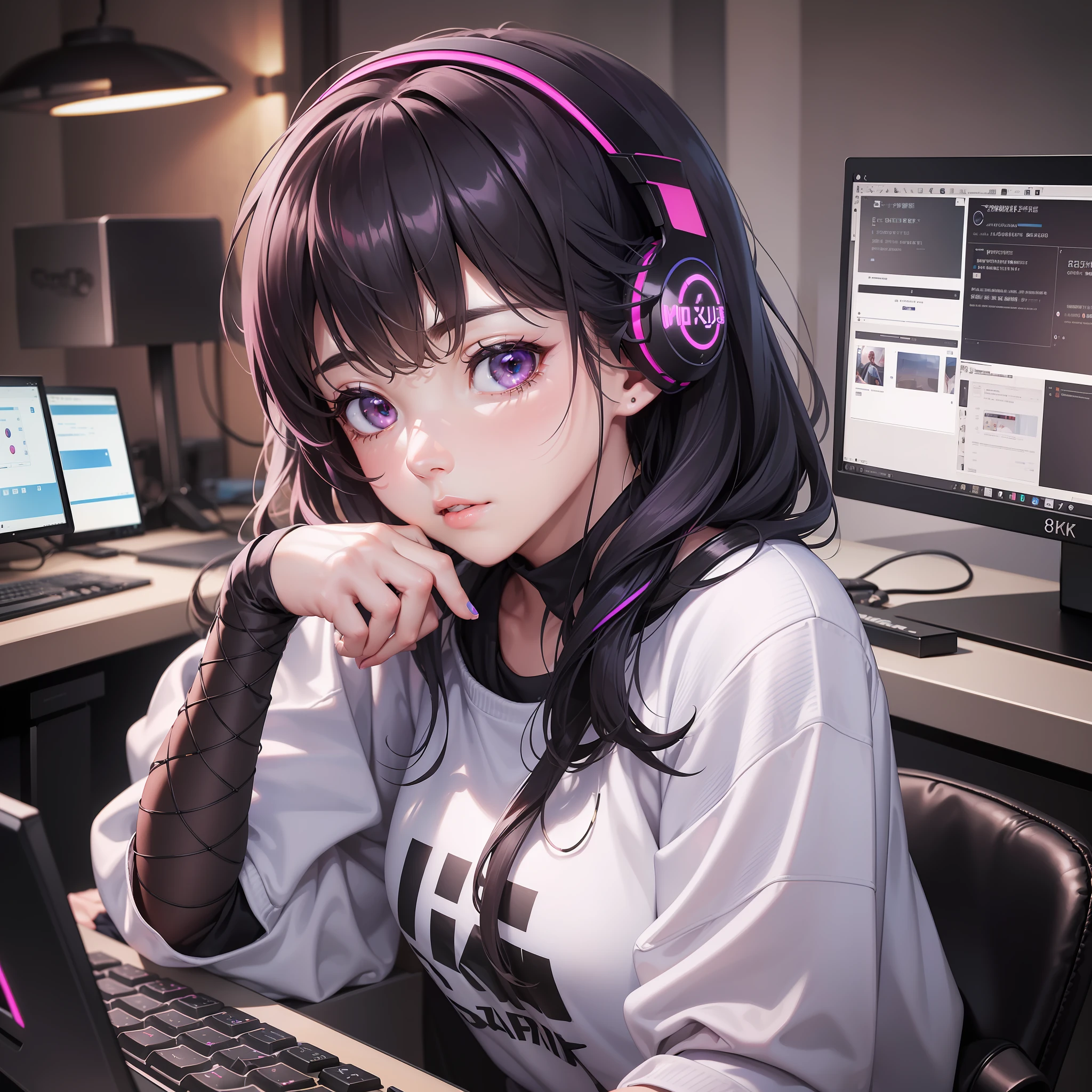 ((Best quality,8k, masterpiece)),((highly detailed)),1girl sitting at a desk, computer gamer rgb lights, (mause),(keyboard),(rgb headset) a cup of coffee on the table, white skin pink cheeks, black colored hair, perfect woman's hands perfect face perfection without any deformation,sweatshirt clothes,((highly detailed)).