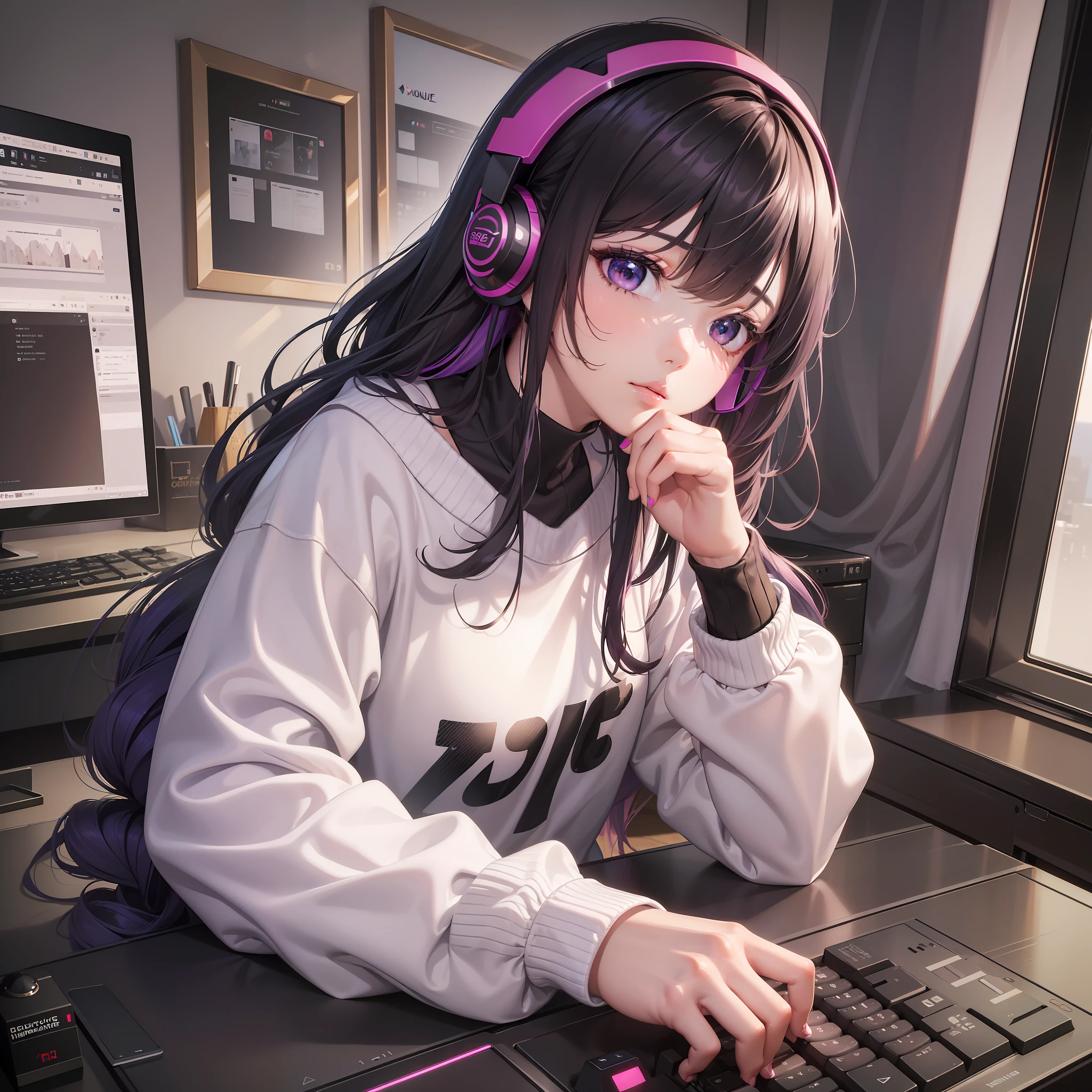 ((Best quality,8k, masterpiece)),((highly detailed)),1girl sitting at a desk, computer gamer rgb lights, (mause),(keyboard),(rgb headset) a cup of coffee on the table, white skin pink cheeks, black colored hair, perfect woman's hands perfect face perfection without any deformation,sweatshirt clothes,((highly detailed)).
